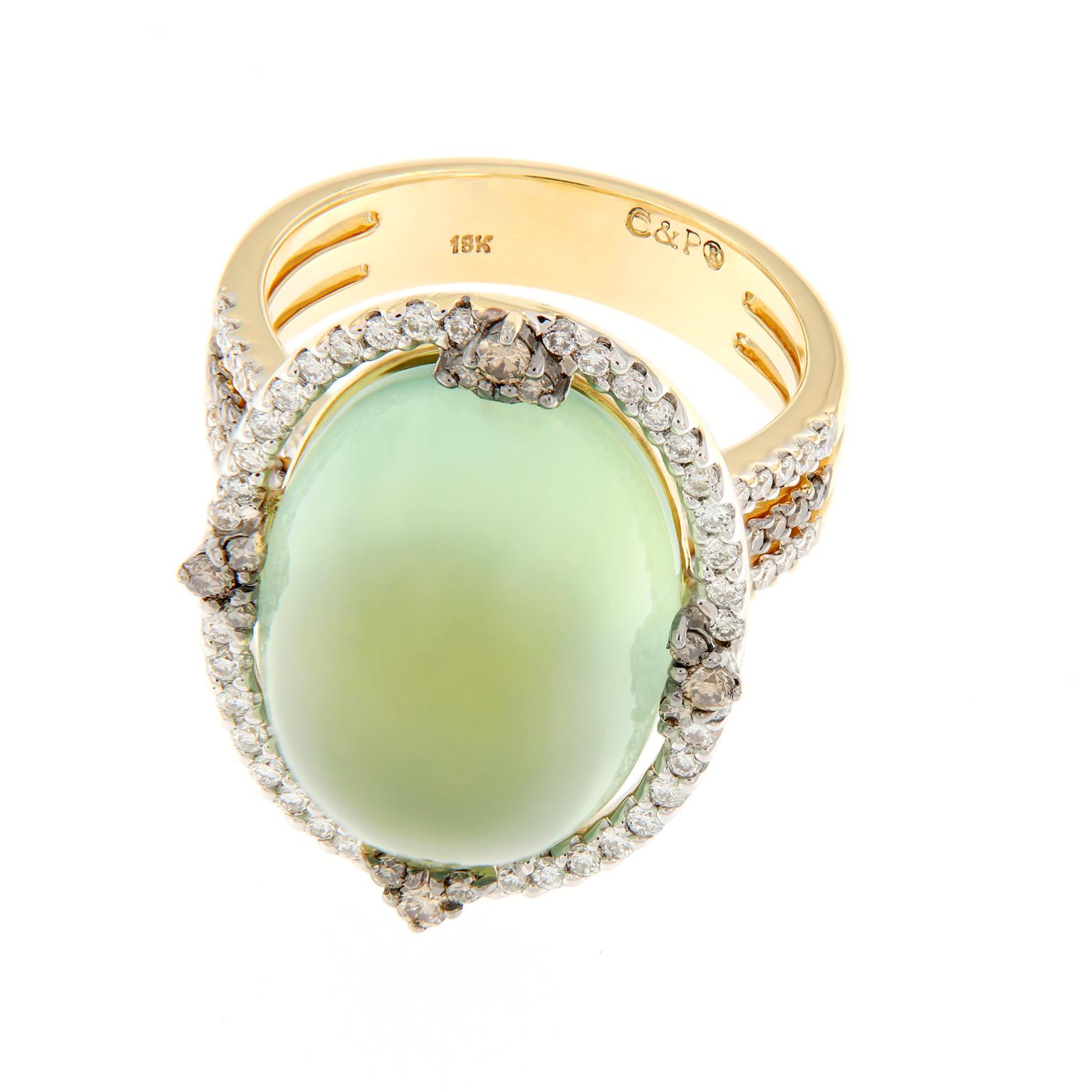 Prehnite and Diamond Yellow Gold Cocktail Ring In New Condition In Troy, MI