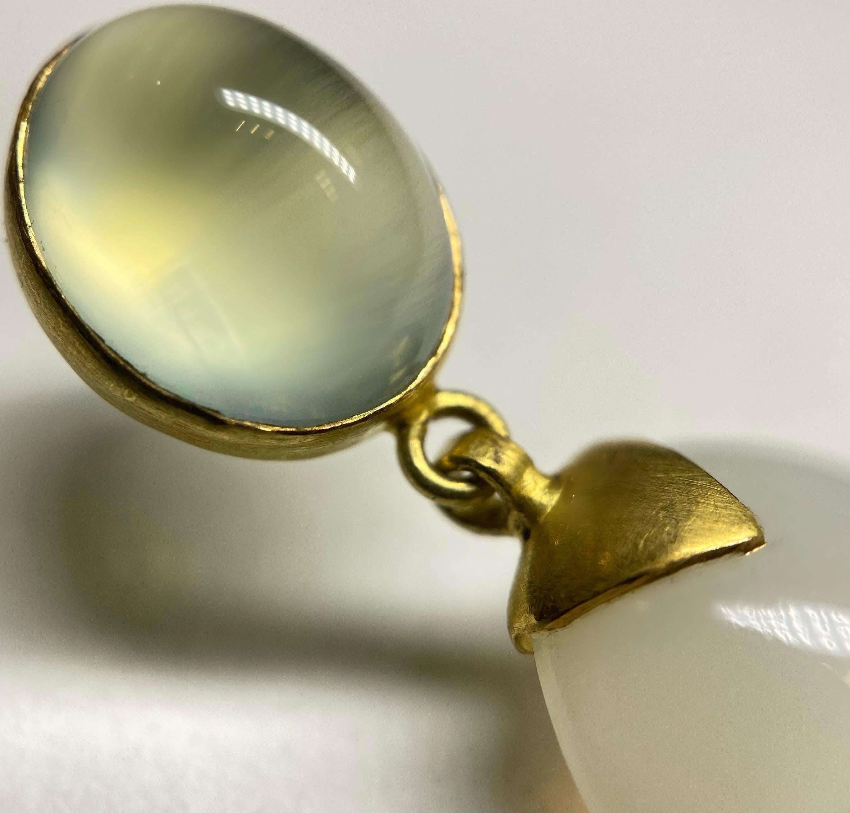 Cabochon Prehnite and White Moonstone Earrings in 18 Karat Gold, A2 by Arunashi For Sale
