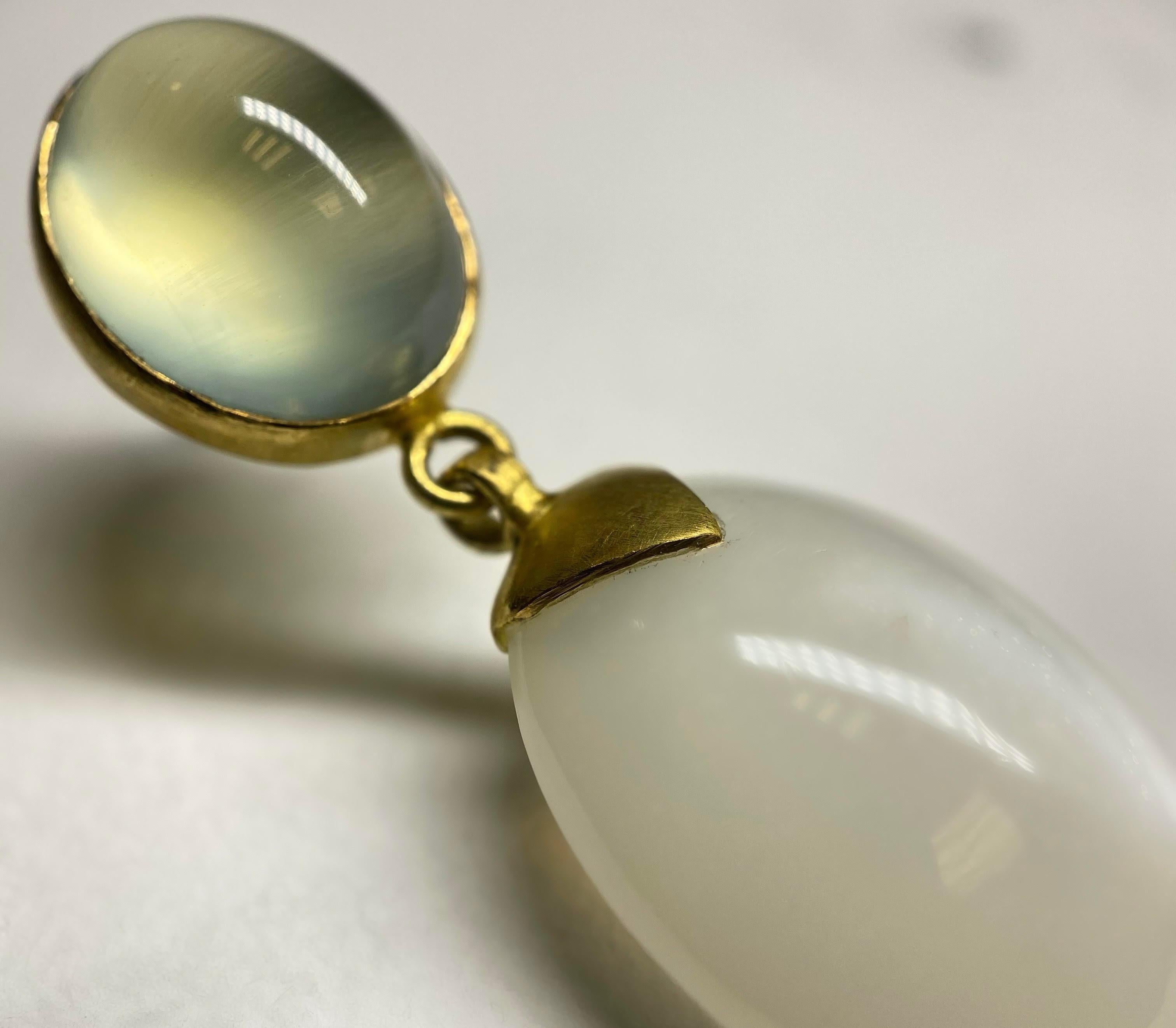 Prehnite and White Moonstone Earrings in 18 Karat Gold, A2 by Arunashi In New Condition For Sale In Beverly Hills, CA
