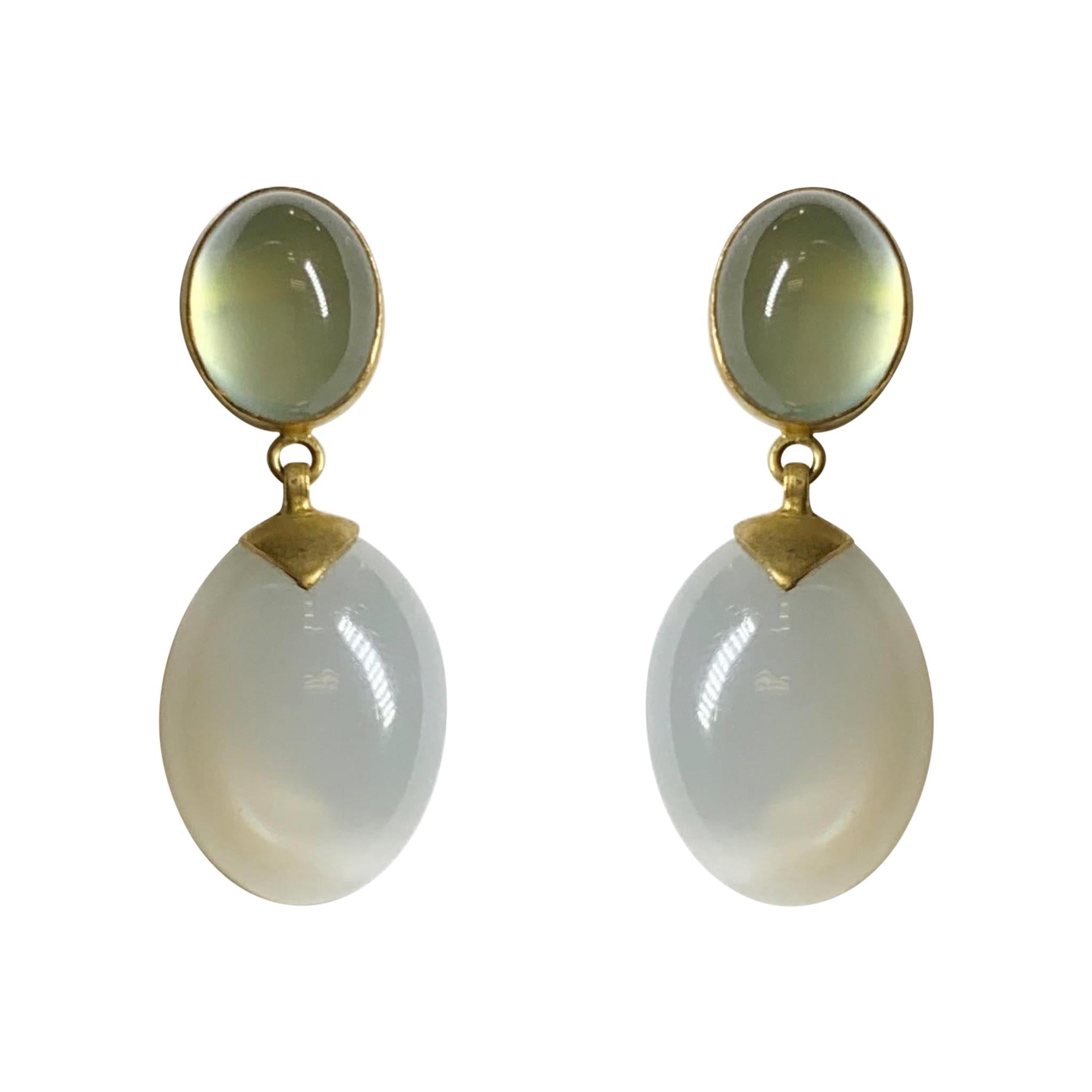 Prehnite and White Moonstone Earrings in 18 Karat Gold, A2 by Arunashi For Sale