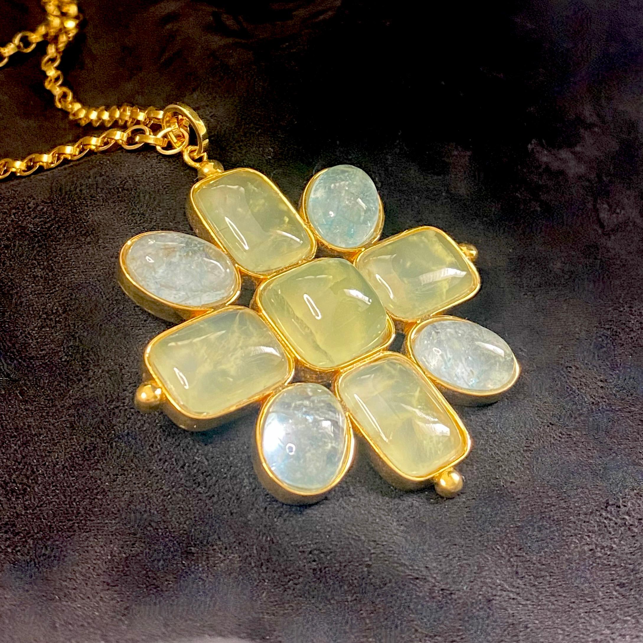 Set with nine beautiful Prehnite & Aquamarine cabochon gemstones, the ‘Ode’ pendant is an extremely stylish and versatile pendant which looks fabulous worn casually or on more formal occasions.

The pendant is sold with a long ‘oval-link’ chain & a