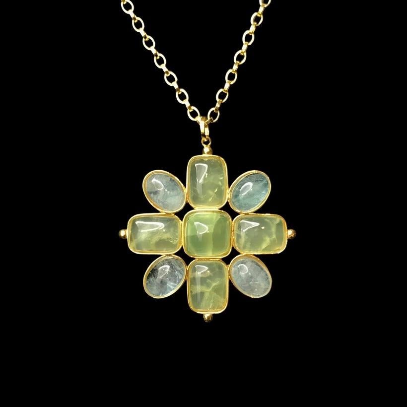 Cabochon Prehnite & Aquamarine set 'Ode' Pendant For Sale