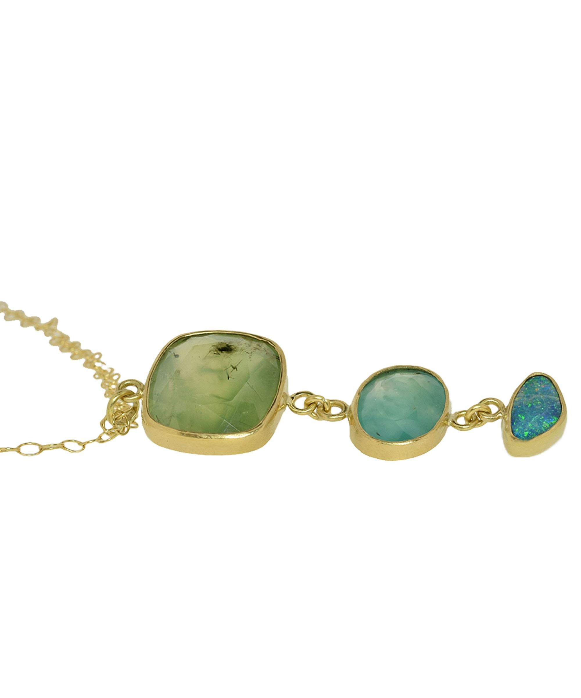 Contemporary Prehnite, Aquaprase and Opal Tiered Gold Necklace For Sale