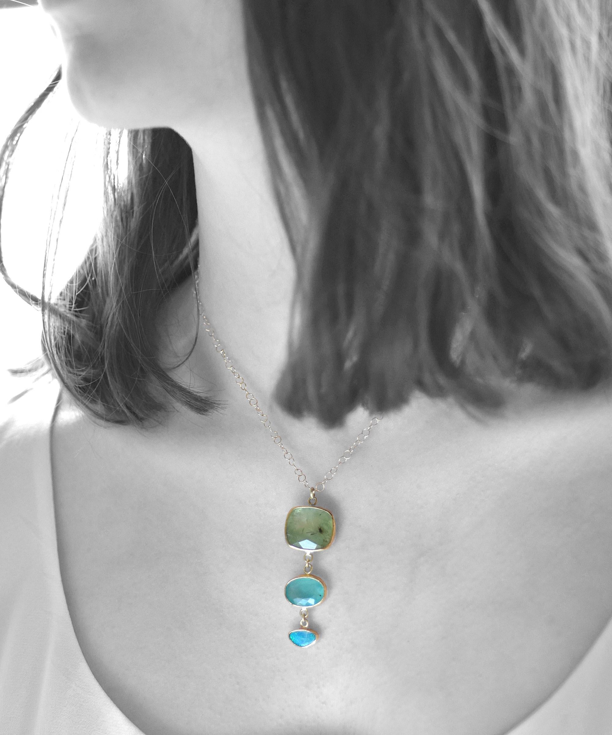 Cushion Cut Prehnite, Aquaprase and Opal Tiered Gold Necklace For Sale