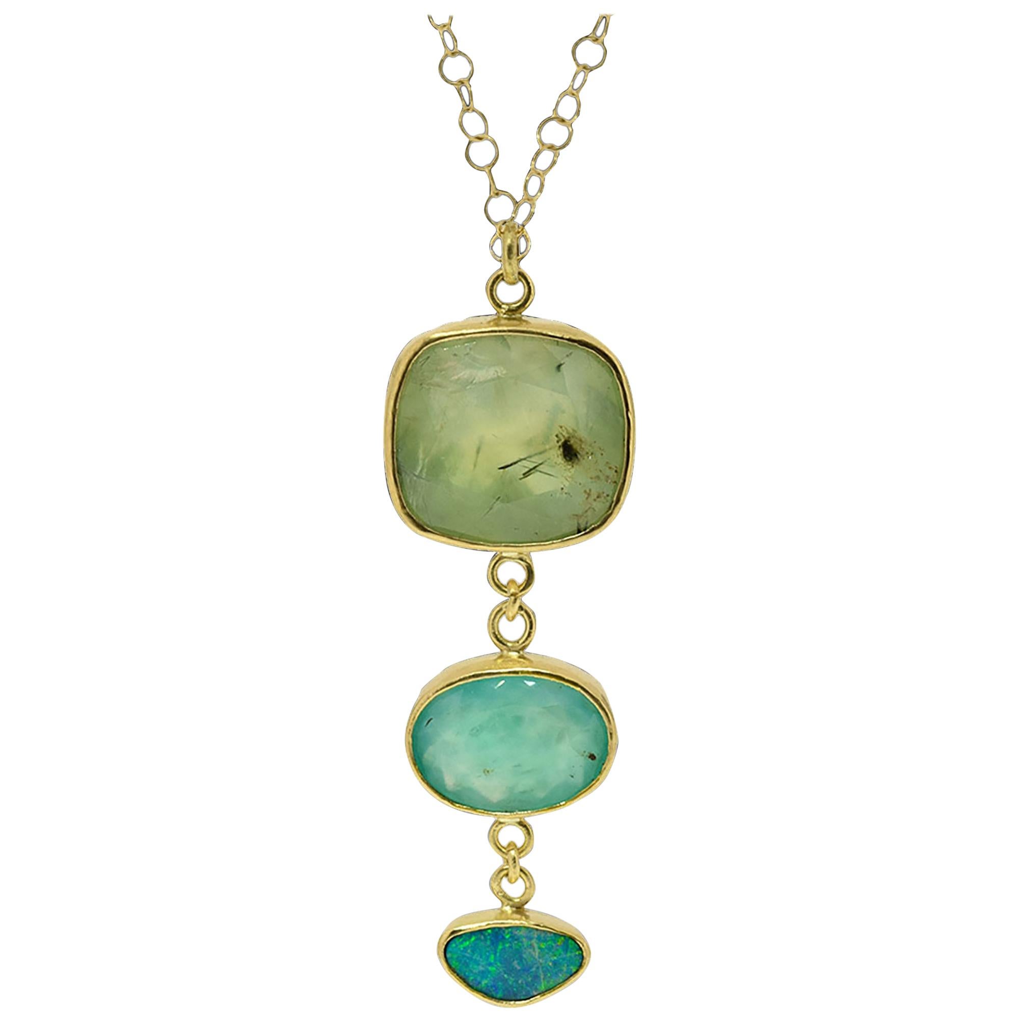 Prehnite, Aquaprase and Opal Tiered Gold Necklace For Sale
