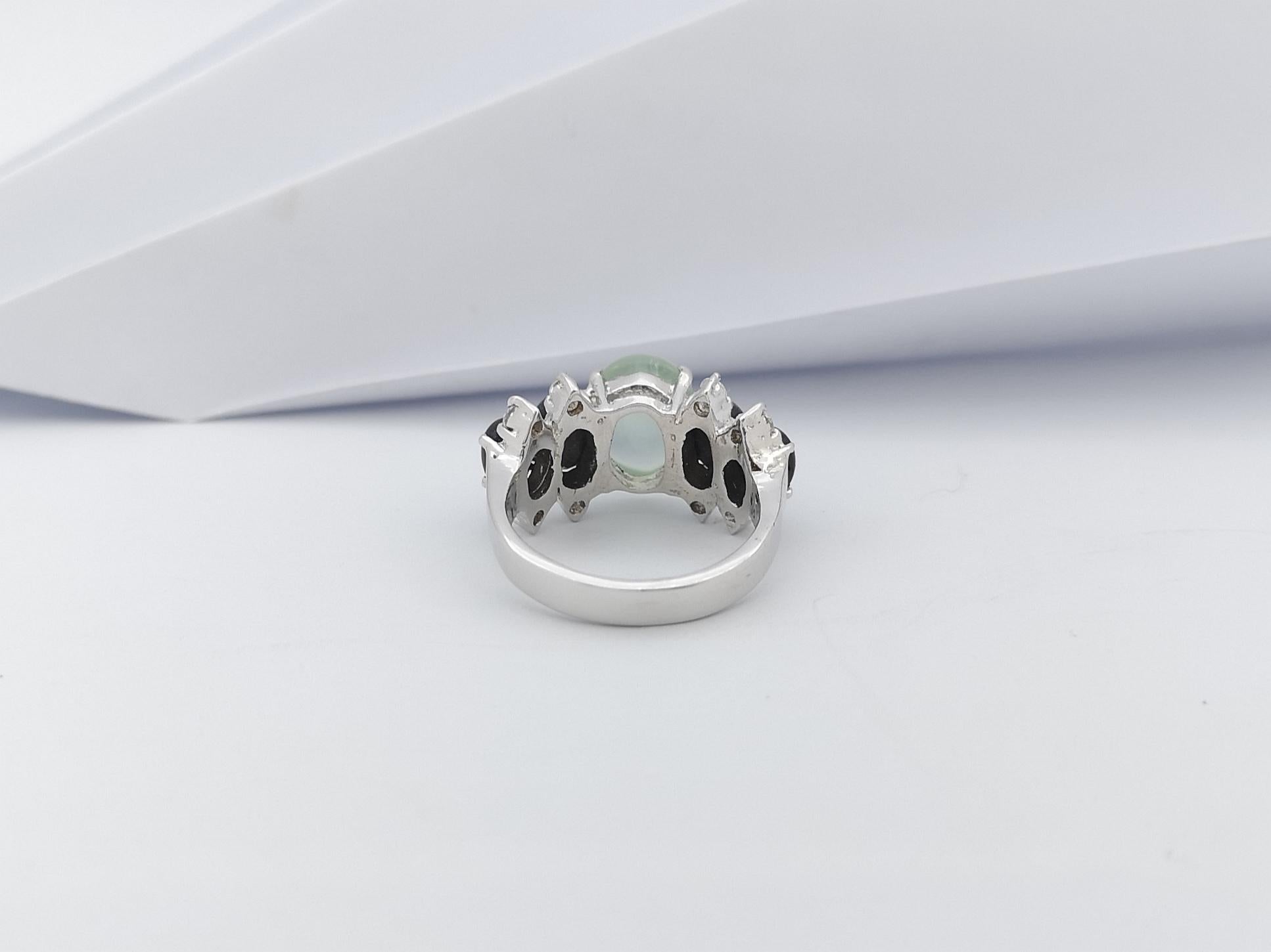 Prehnite, Black Star Sapphire and Cubic Zirconia Ring set in Silver Settings For Sale 3