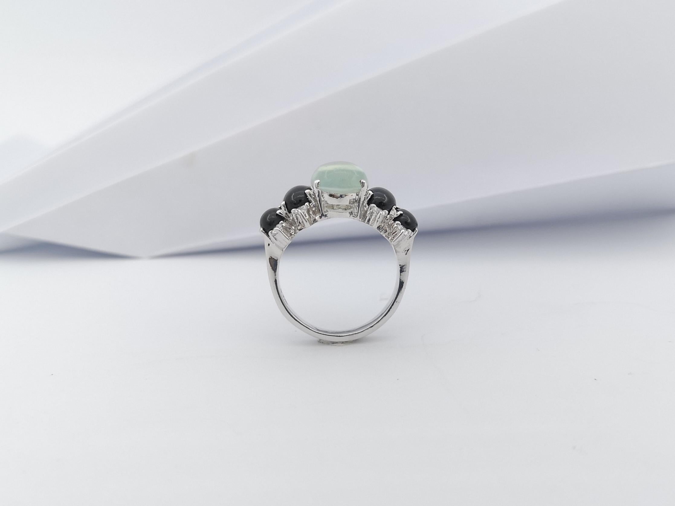 Prehnite, Black Star Sapphire and Cubic Zirconia Ring set in Silver Settings For Sale 4