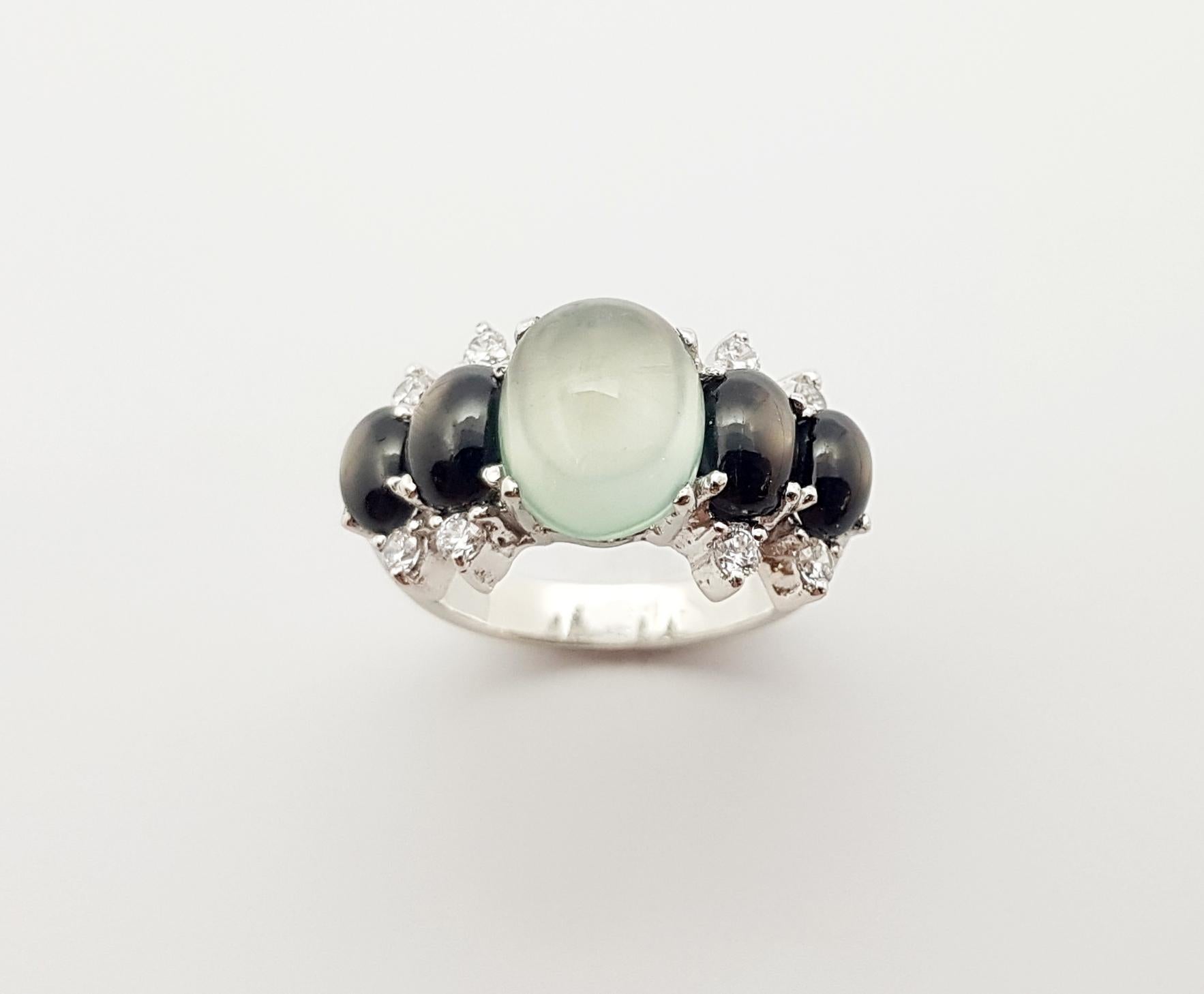 Prehnite, Black Star Sapphire and Cubic Zirconia Ring set in Silver Settings For Sale 5