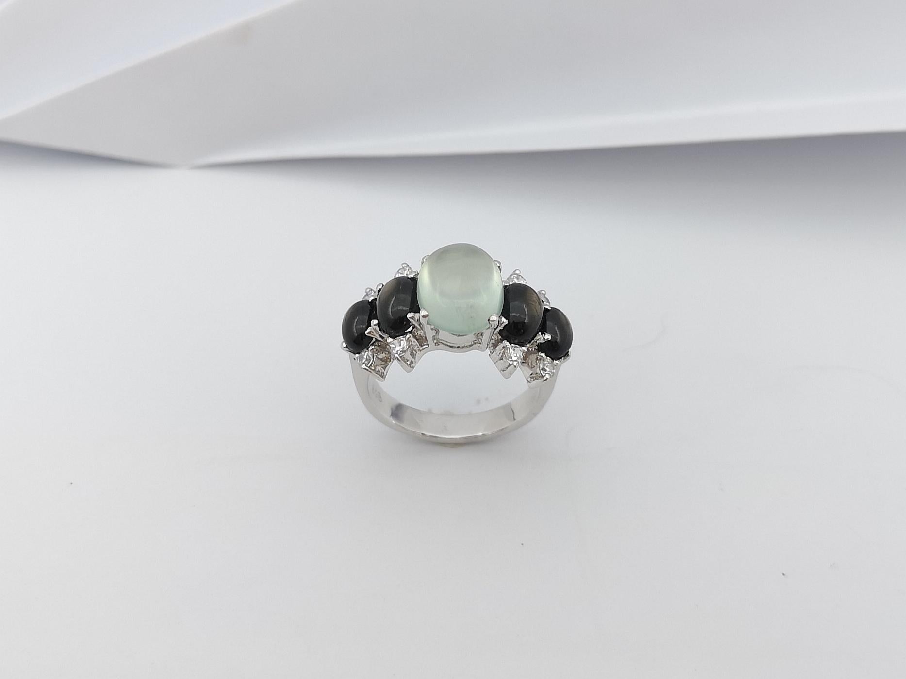 Prehnite, Black Star Sapphire and Cubic Zirconia Ring set in Silver Settings For Sale 6