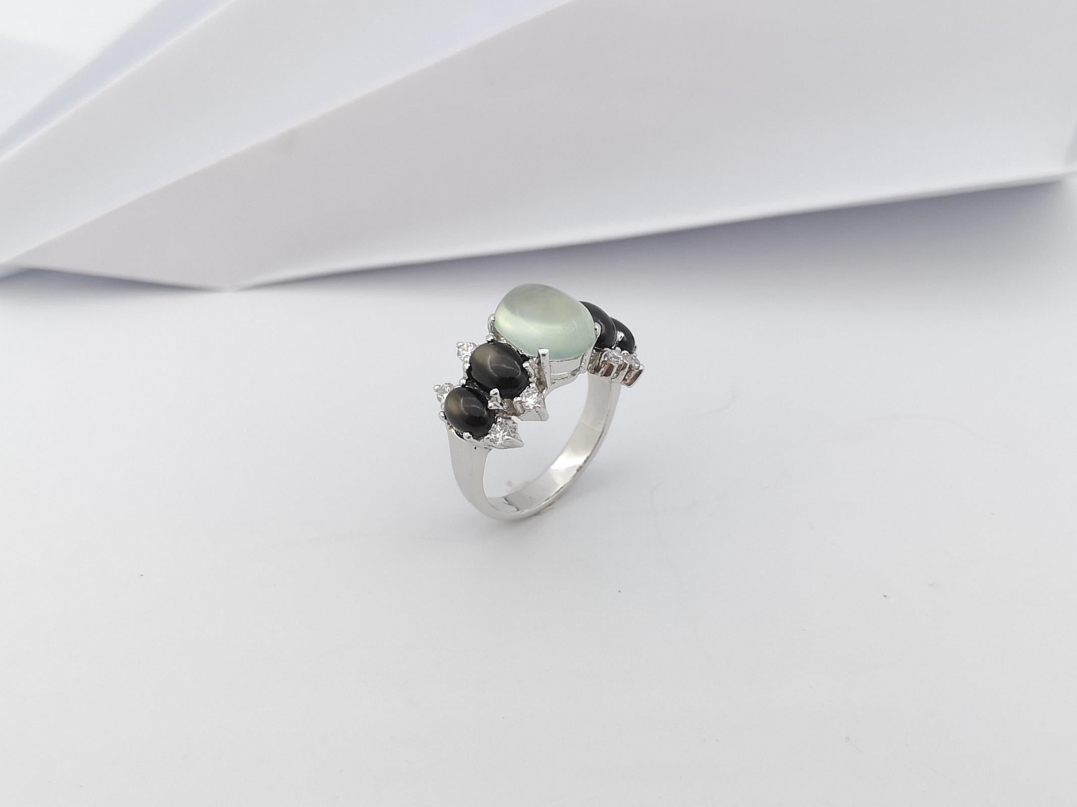 Prehnite, Black Star Sapphire and Cubic Zirconia Ring set in Silver Settings For Sale 7