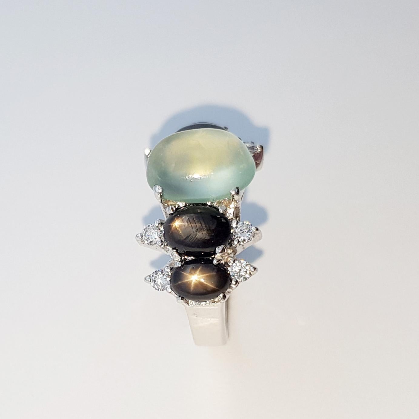 Prehnite, Black Star Sapphire and Cubic Zirconia Ring set in Silver Settings For Sale 8