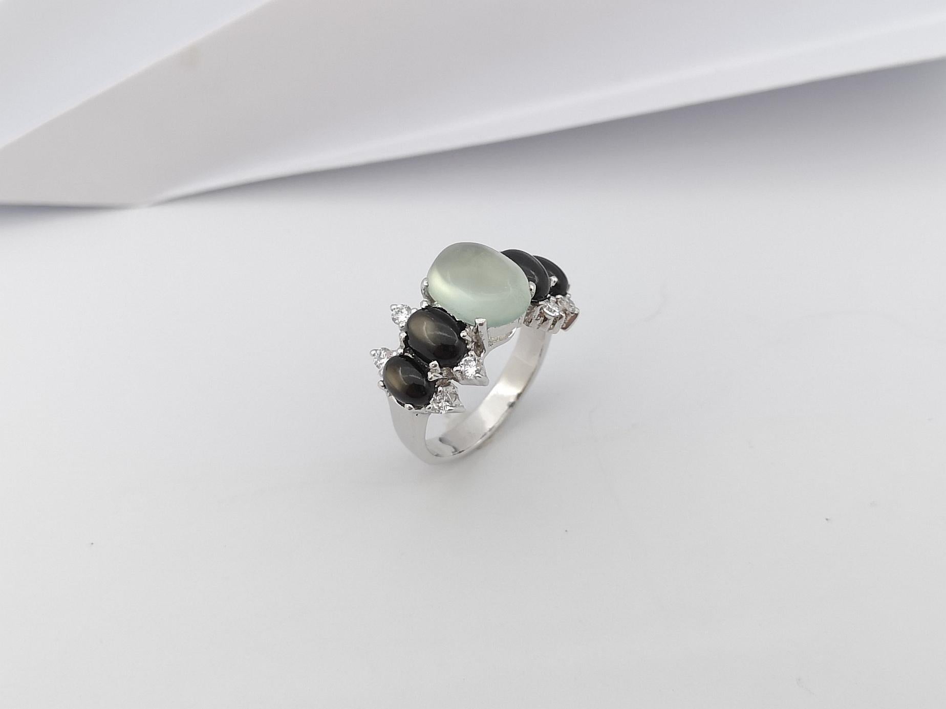 Prehnite, Black Star Sapphire and Cubic Zirconia Ring set in Silver Settings For Sale 9