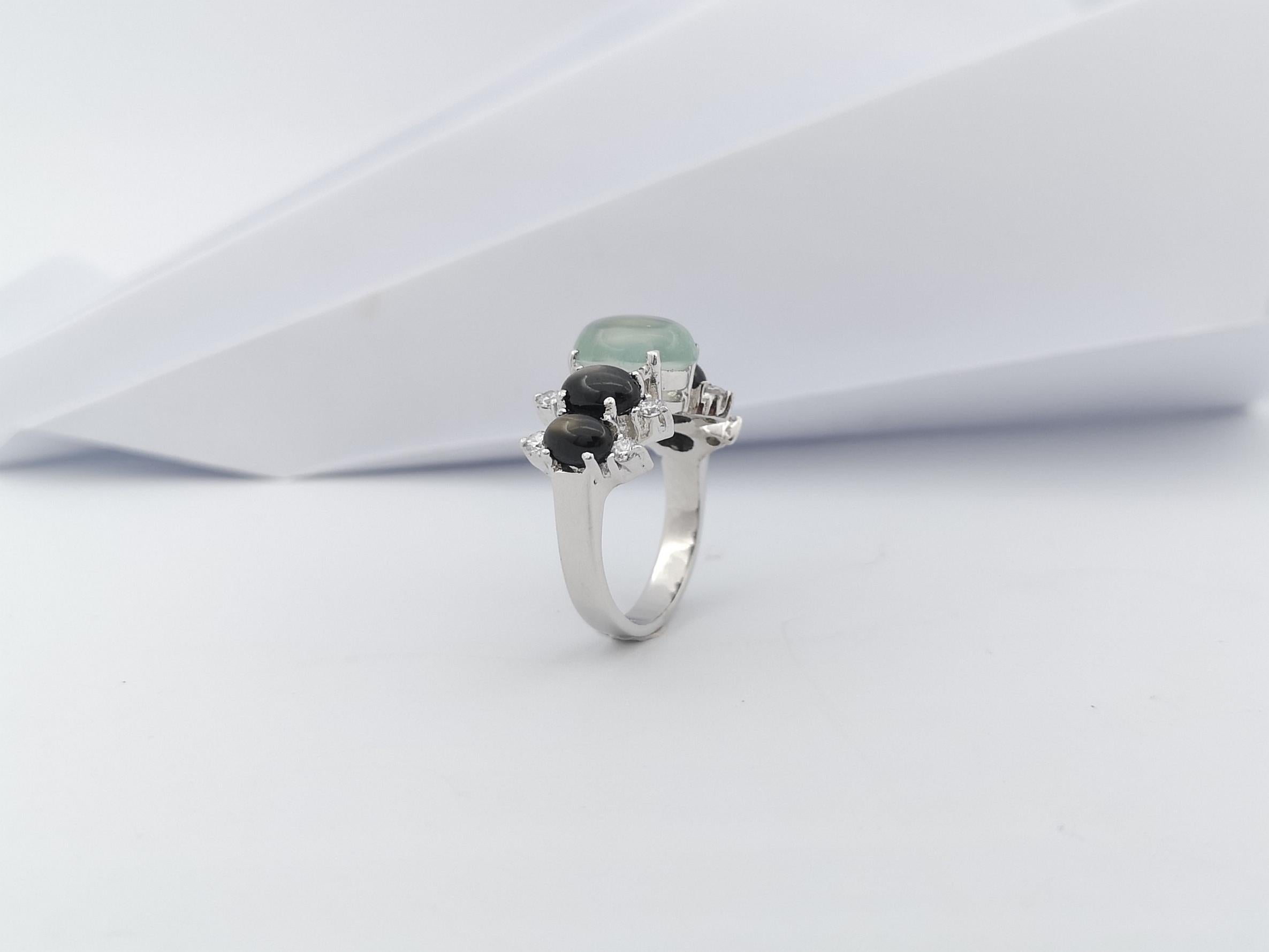 Prehnite, Black Star Sapphire and Cubic Zirconia Ring set in Silver Settings For Sale 10