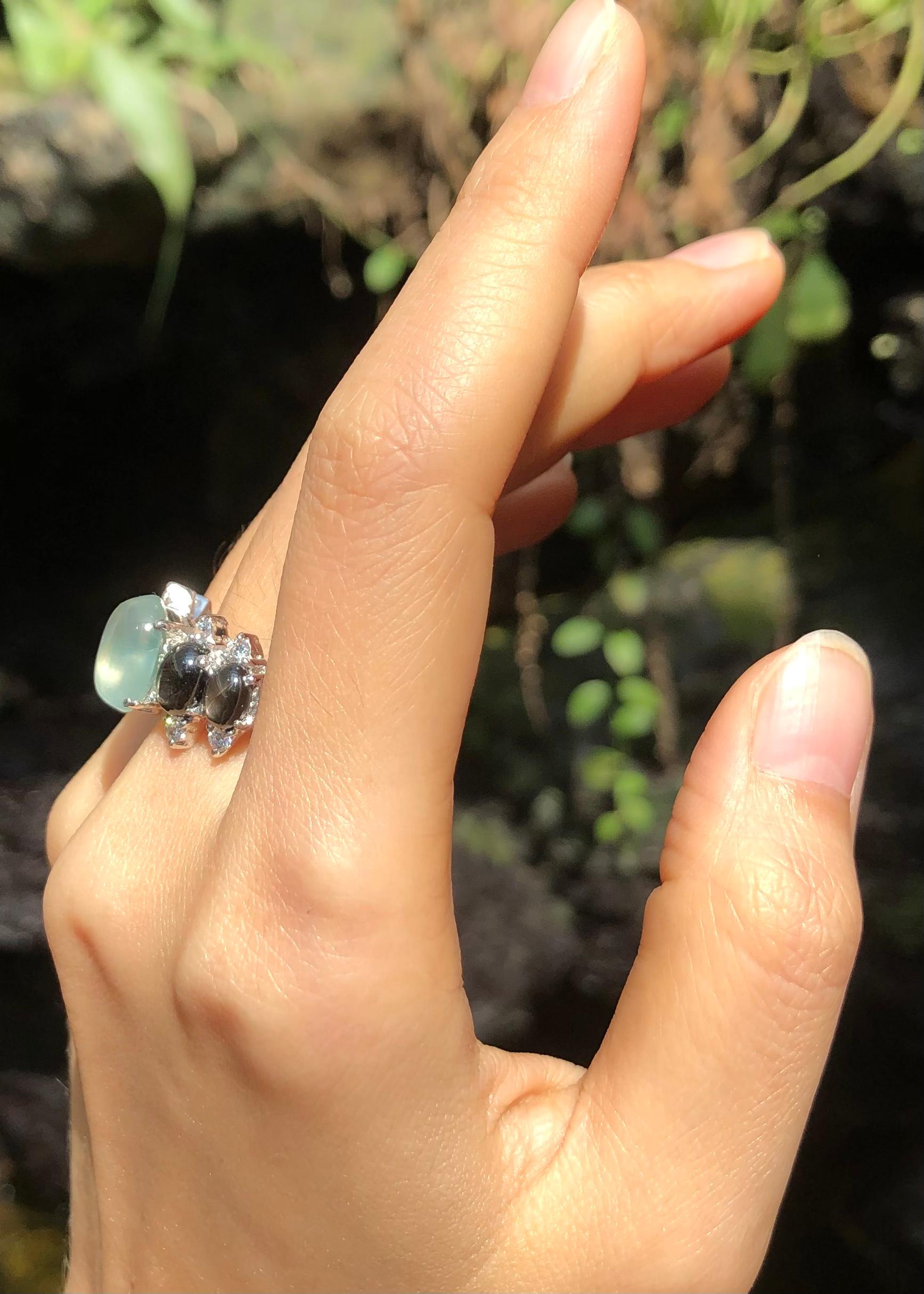 Cabochon Prehnite, Black Star Sapphire and Cubic Zirconia Ring set in Silver Settings For Sale