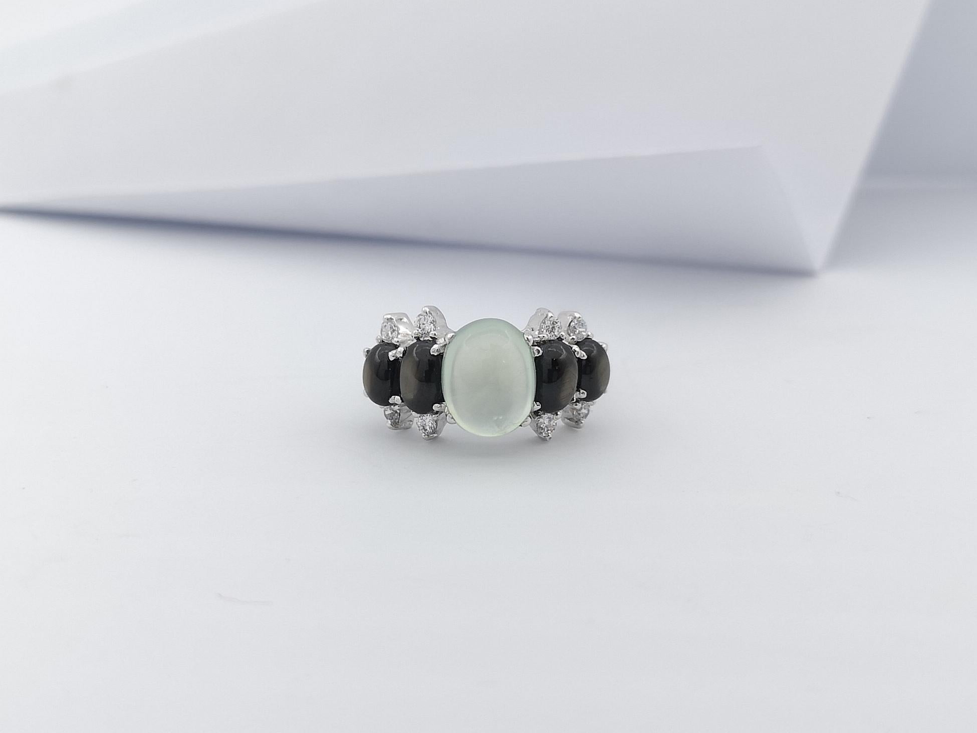 Prehnite, Black Star Sapphire and Cubic Zirconia Ring set in Silver Settings For Sale 1