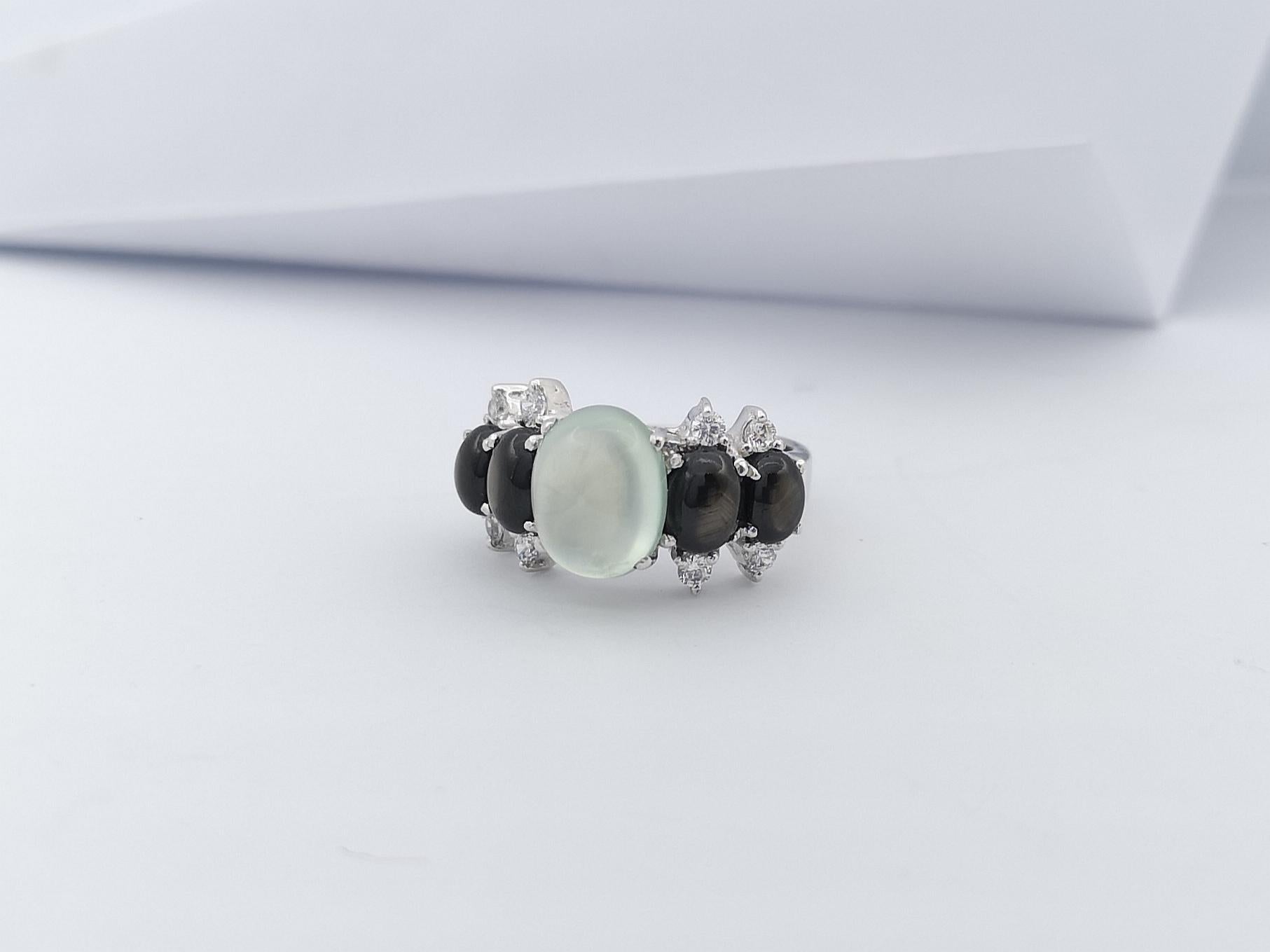 Prehnite, Black Star Sapphire and Cubic Zirconia Ring set in Silver Settings For Sale 2