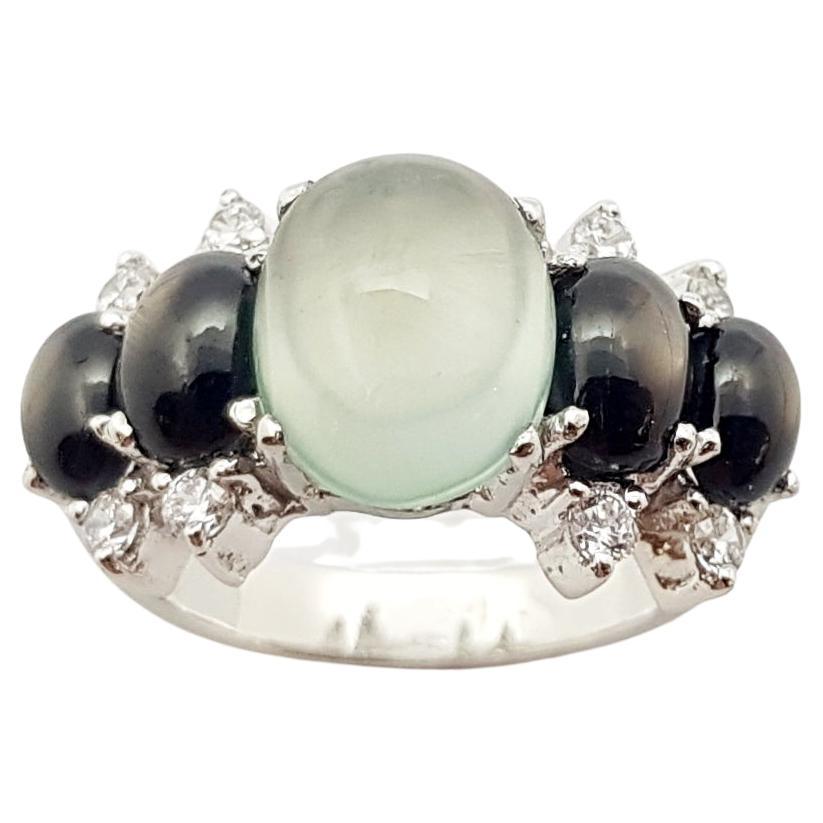 Prehnite, Black Star Sapphire and Cubic Zirconia Ring set in Silver Settings For Sale