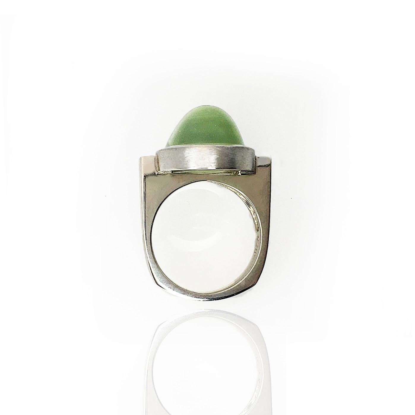 Contemporary Prehnite Cabochon Oval Silver Bezel Ring