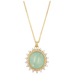 Prehnite Double Diamond Halo Pendant Necklace 18K 0.725 CTW Diamond