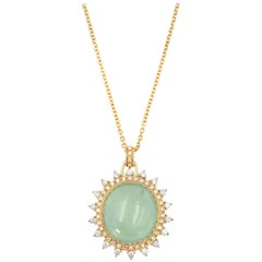  Prehnite Double Diamond Halo Pendant Necklace 18K 0.725 CTW Diamond