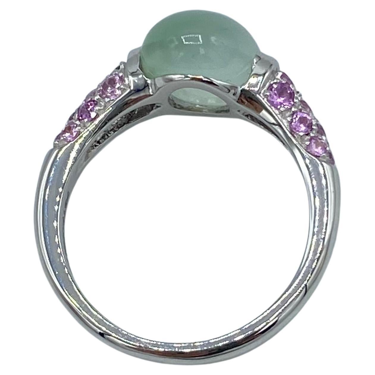 Prehnite Gemstone Cabochon Pink Sapphire White 18 Kt Gold Ring Made in Italy For Sale 1