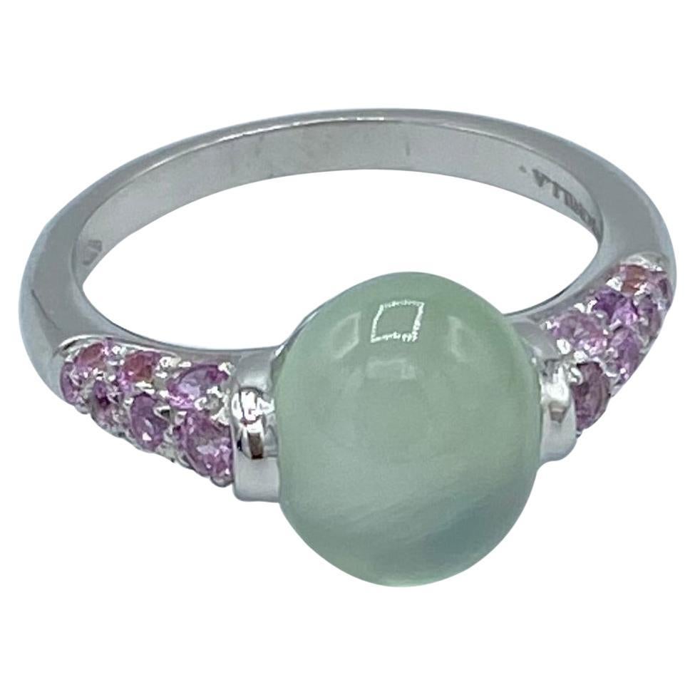 Prehnite Gemstone Cabochon Pink Sapphire White 18 Kt Gold Ring Made in Italy
