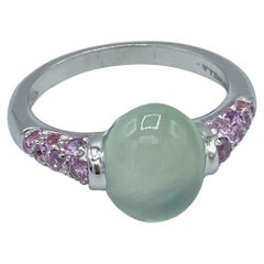 Prehnite Gemstone Cabochon Pink Sapphire White 18 Kt Gold Ring Made in Italy
