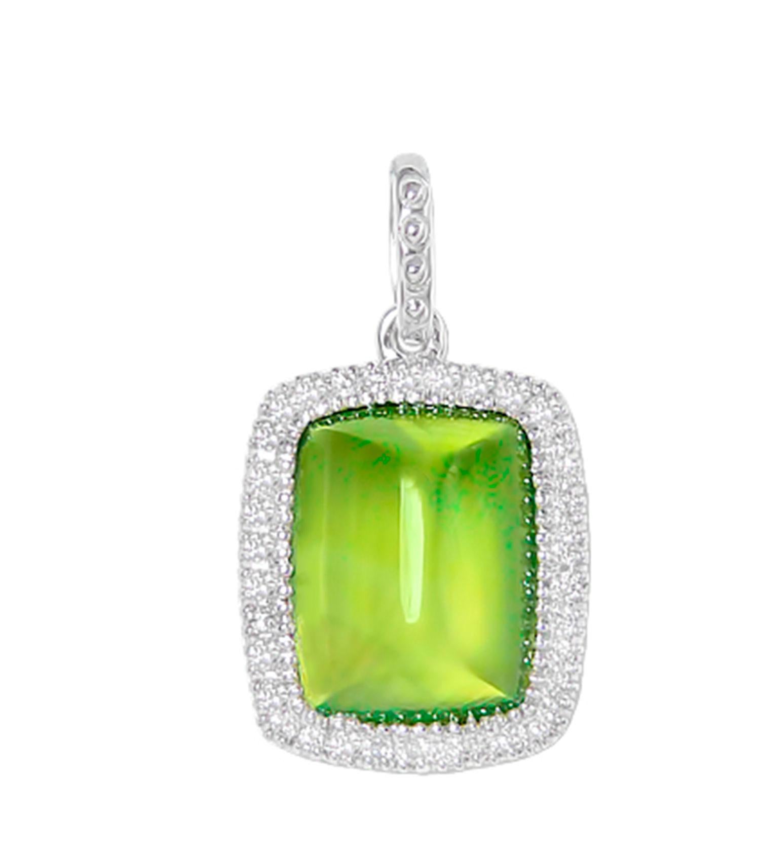 Cabochon Prehnite Pendant Necklace With Diamonds 2.7 Carats 18K White Gold For Sale