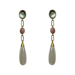 Prehnite, Pink Opal, and Moonstone Drop Earrings, 18 Karat Gold, A2 by Arunashi