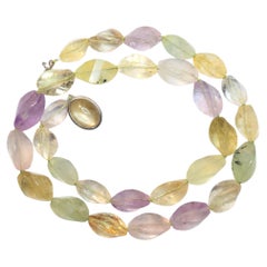 Art Deco Beaded Necklace with Prehnite, Citrine, and Amethyst, 25"