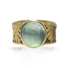 Prehnite, Silver and Gold Oak Leaf Ring with Diamond Edge