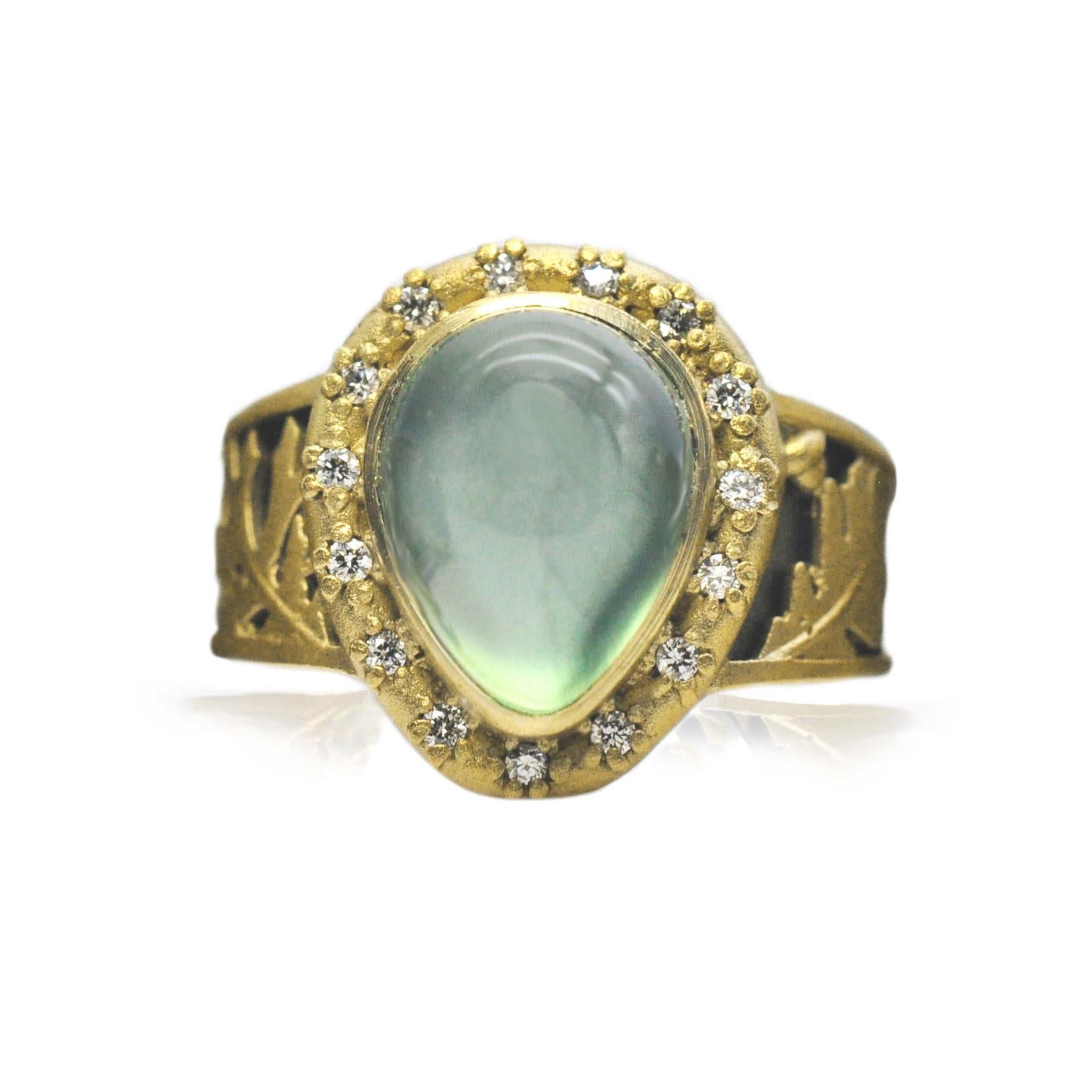 For Sale:  Prehnite, Silver and Gold Oak Leaf Ring With Diamond Halo 2