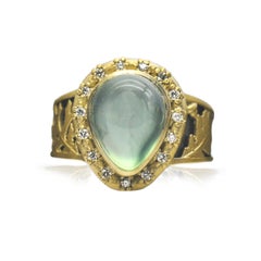 Prehnite, Silver and Gold Oak Leaf Ring With Diamond Halo