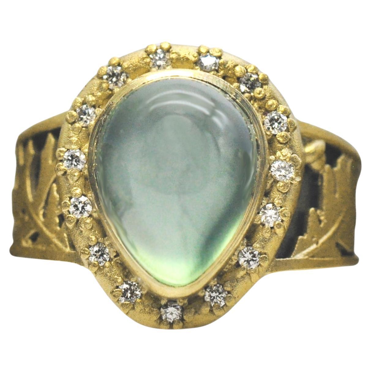 Prehnite, Silver and Gold Oak Leaf Ring With Diamond Halo