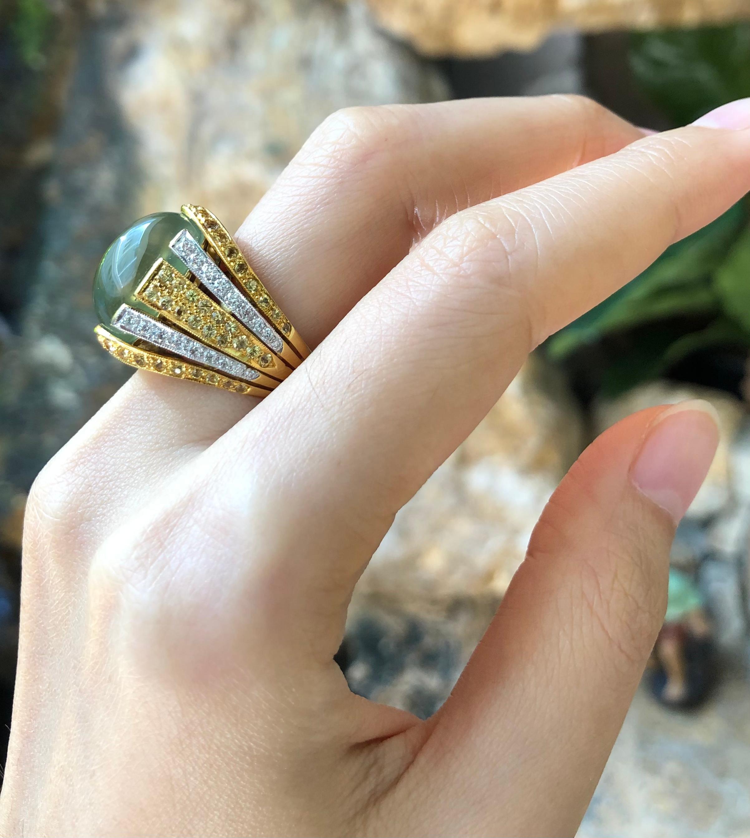 Cabochon Prehnite, Yellow Sapphire and Diamond Ring Set in 18 Karat Gold Settings For Sale