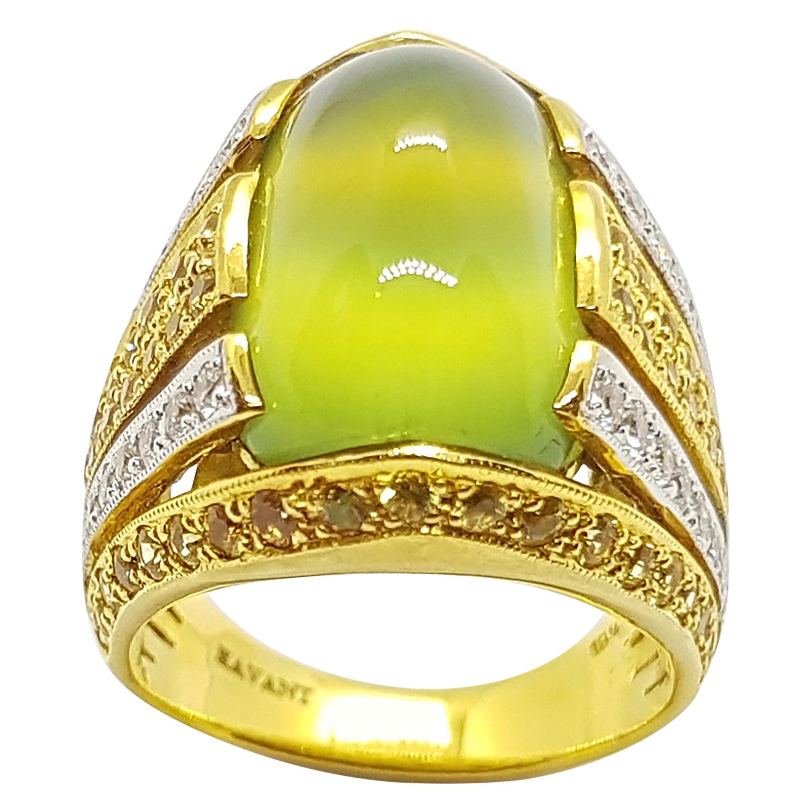 Prehnite, Yellow Sapphire and Diamond Ring Set in 18 Karat Gold Settings
