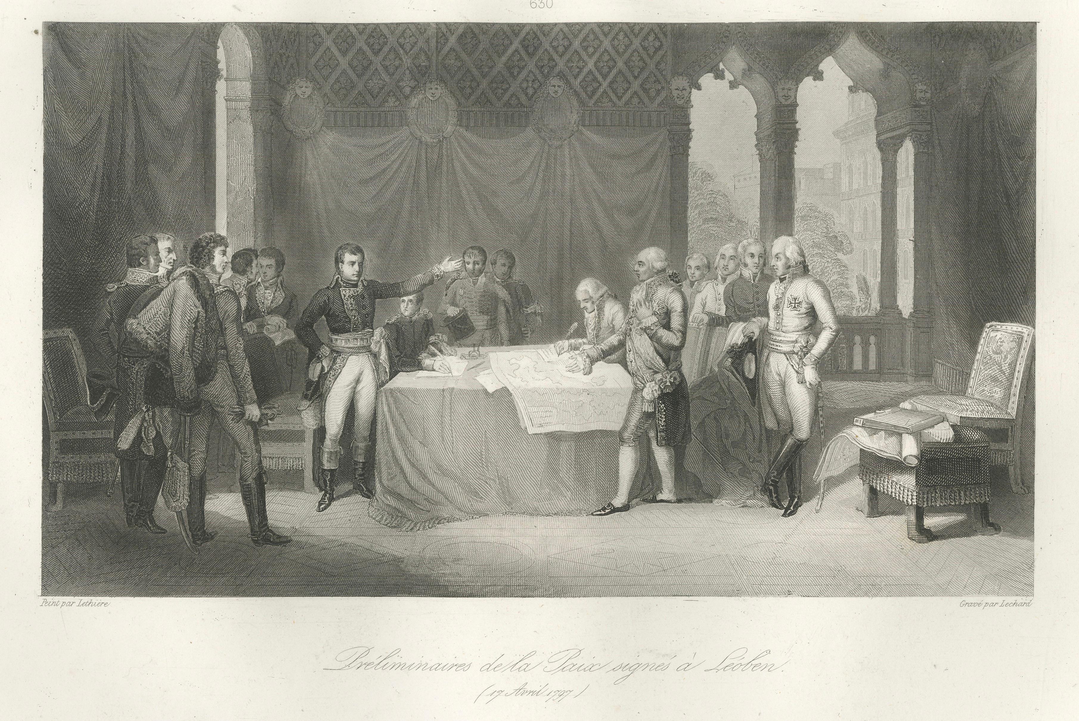 Preliminary Peace Talks at Leoben, Napoleonic Diplomacy, Antique Engraving, 1840