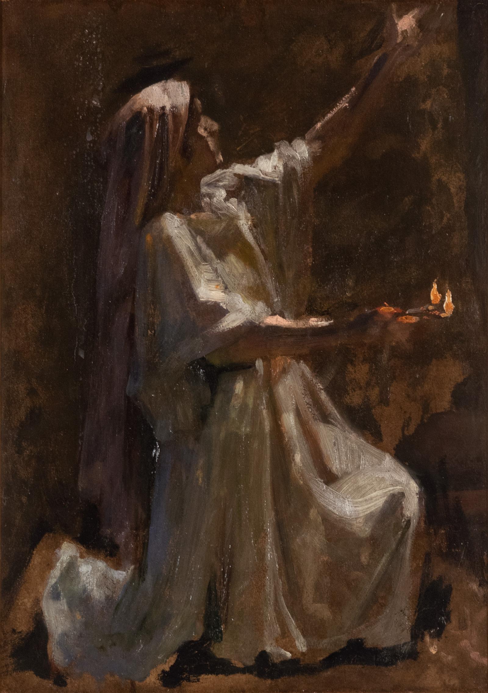 Frans Schwartz (Danish 1850-1917)
Study for The wise and foolish Virgins (circa 1885)
Oil on canvas

In a preliminary study for The Wise and Foolish Virgins, Schwartz depicts a woman on bended knee looking towards the heavens with one hand