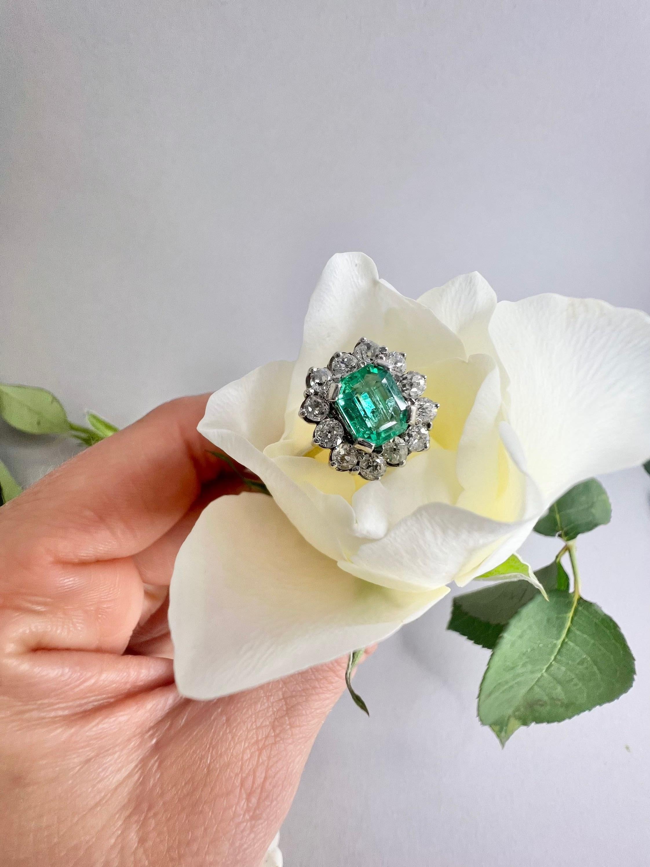 Round Cut Preloved 18ct White Gold Emerald & Diamond Cluster Ring For Sale