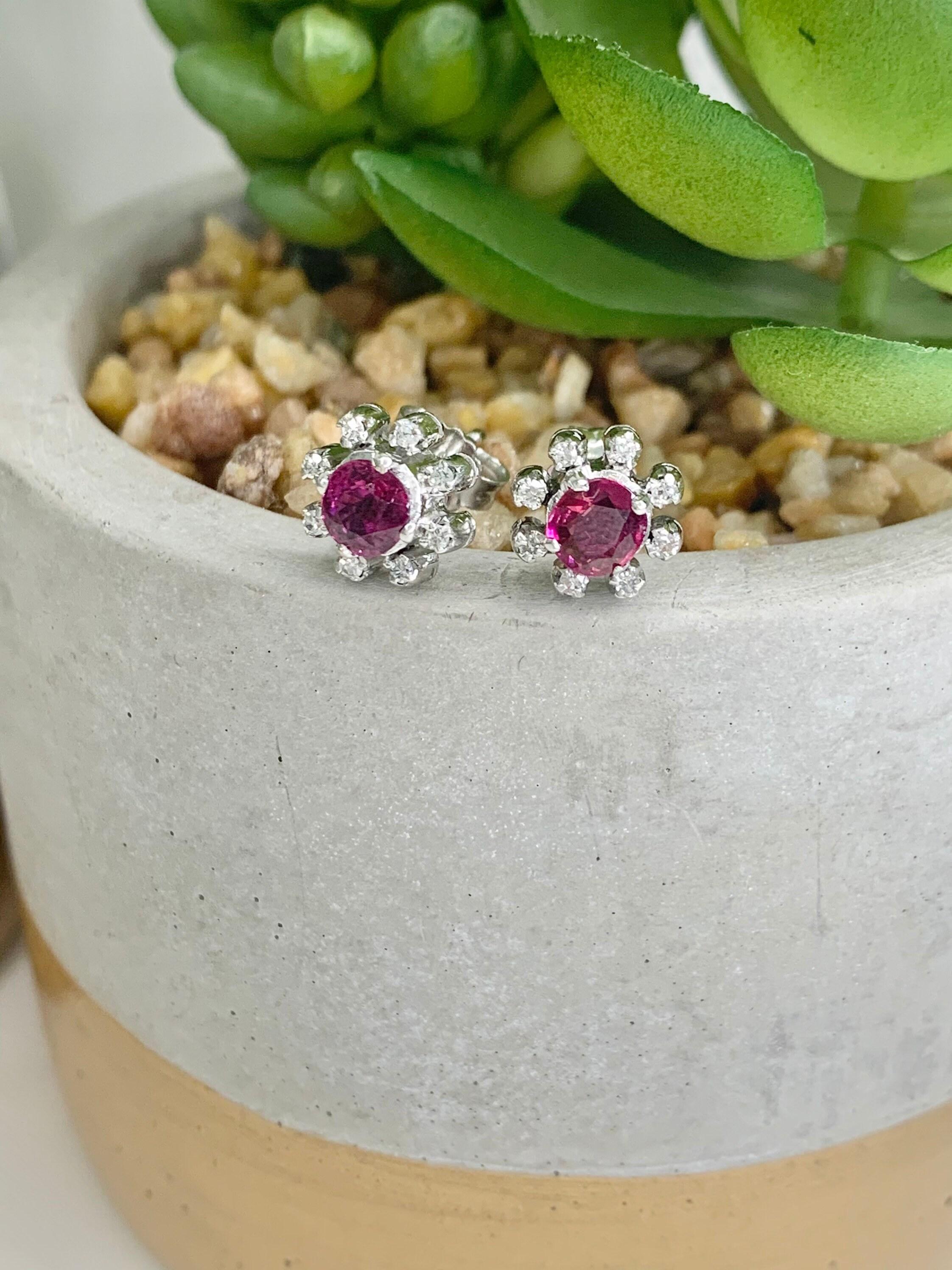 Round Cut Preloved 18ct White Gold Ruby & Diamond Cluster Earrings For Sale