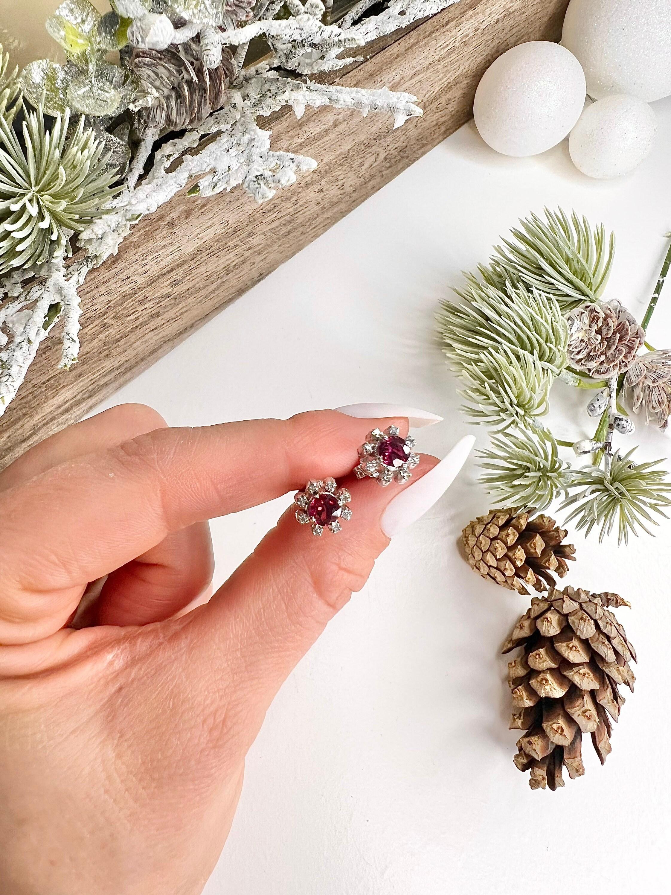 Preloved 18ct White Gold Ruby & Diamond Cluster Earrings For Sale 1