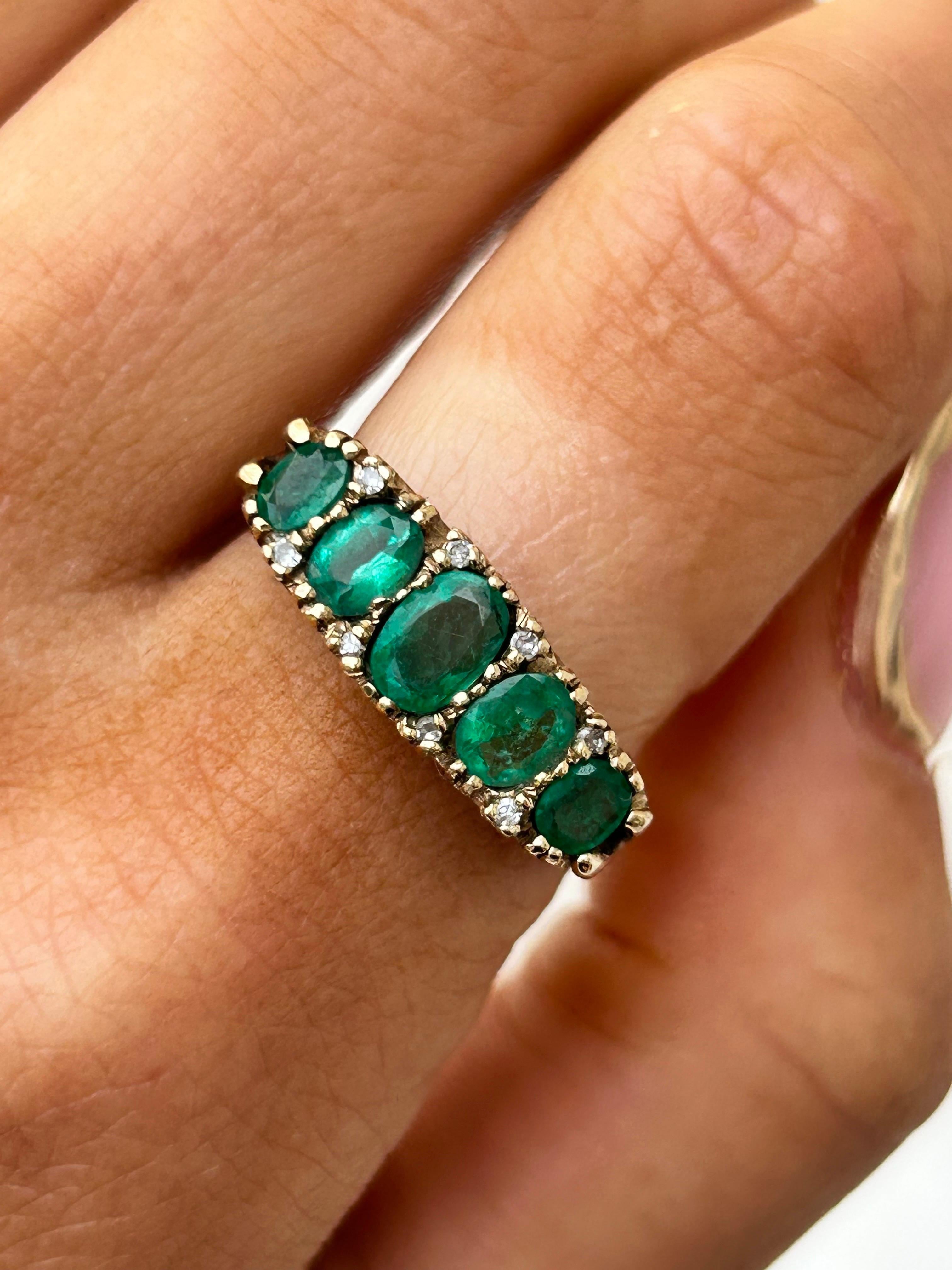 PreLoved Yellow Gold Emerald and Diamond 5 Stone Ring For Sale 5