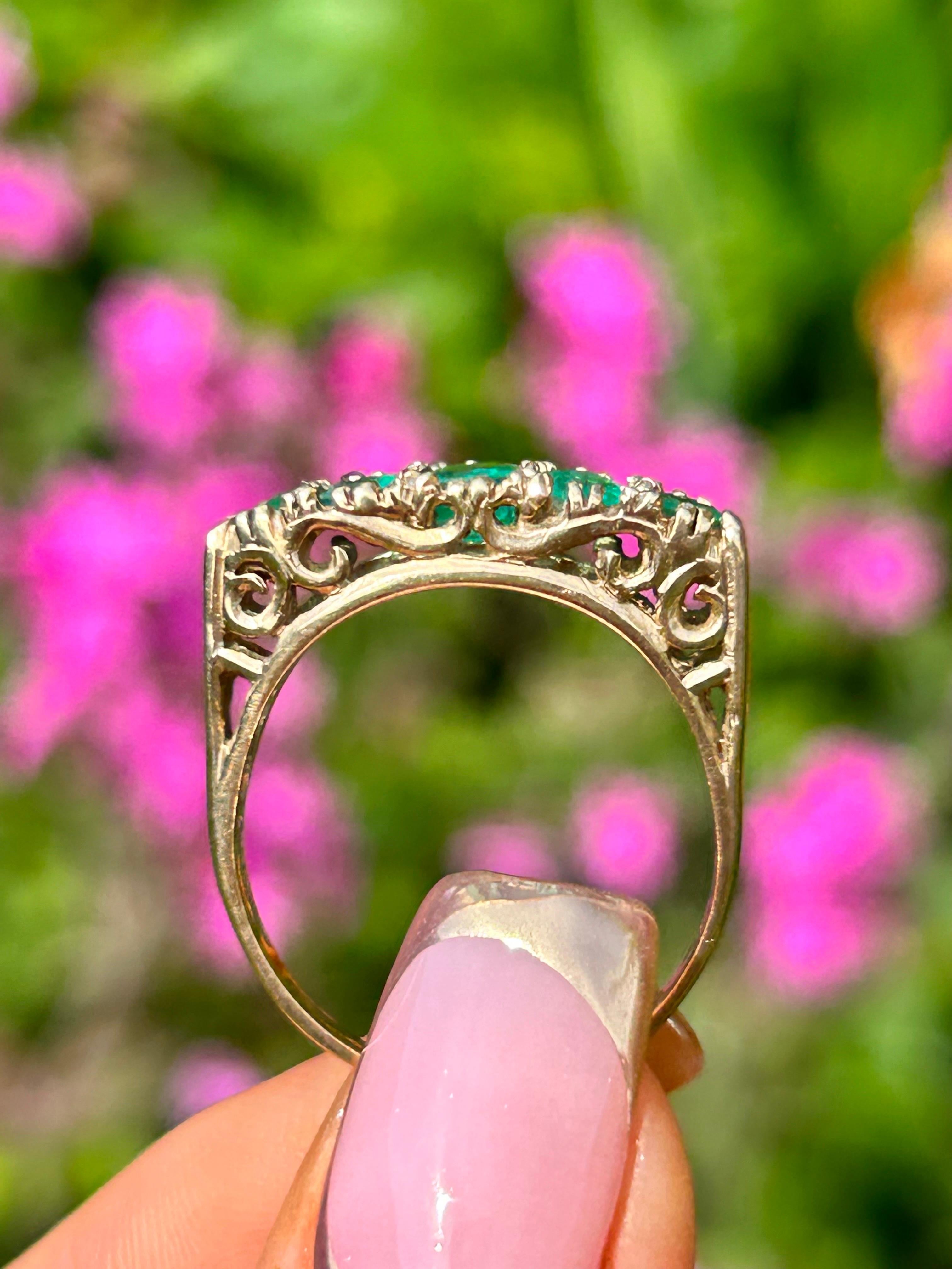 PreLoved Yellow Gold Emerald and Diamond 5 Stone Ring For Sale 1