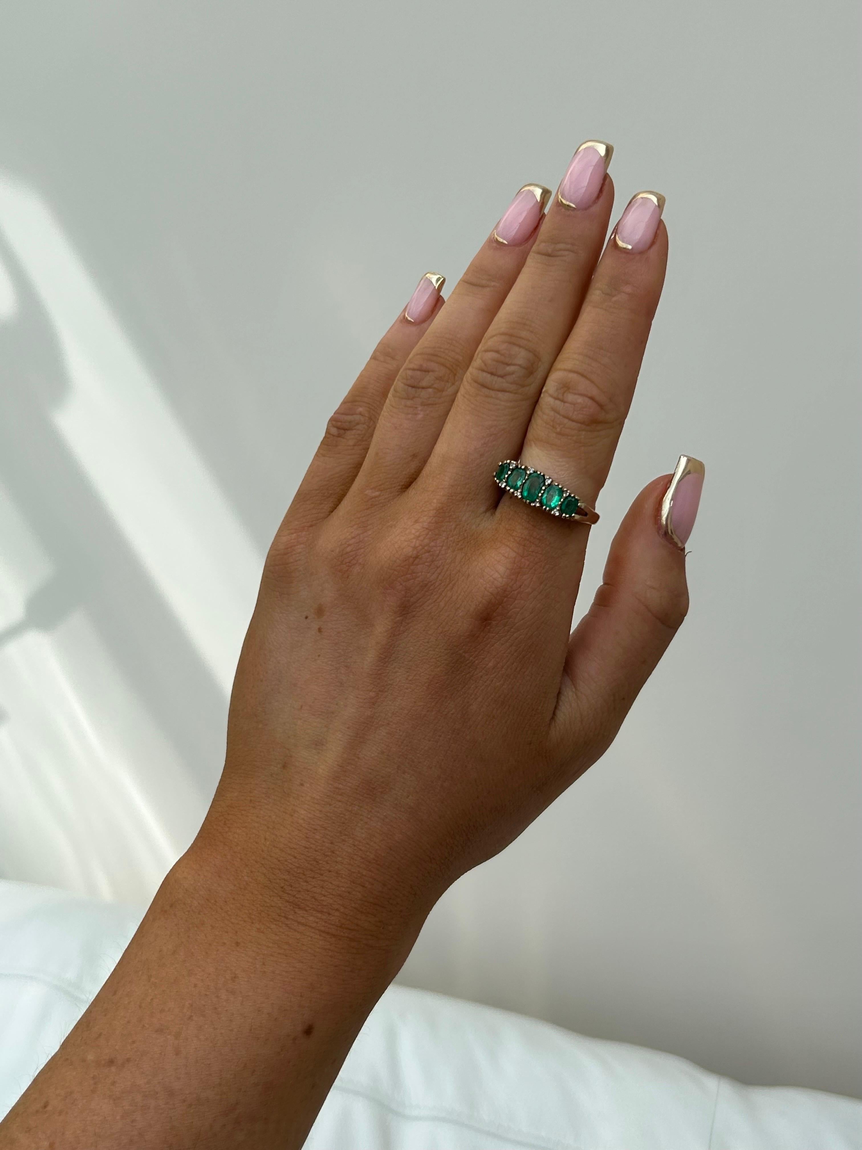 PreLoved Yellow Gold Emerald and Diamond 5 Stone Ring For Sale 3