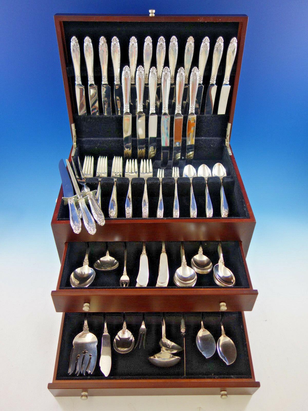 Huge service for 18 in the pattern Prelude by International sterling silver flatware set of 142 pieces. Perfect for large gatherings! This set includes:

18 knives, 9 1/4
18 forks, 7 1/4