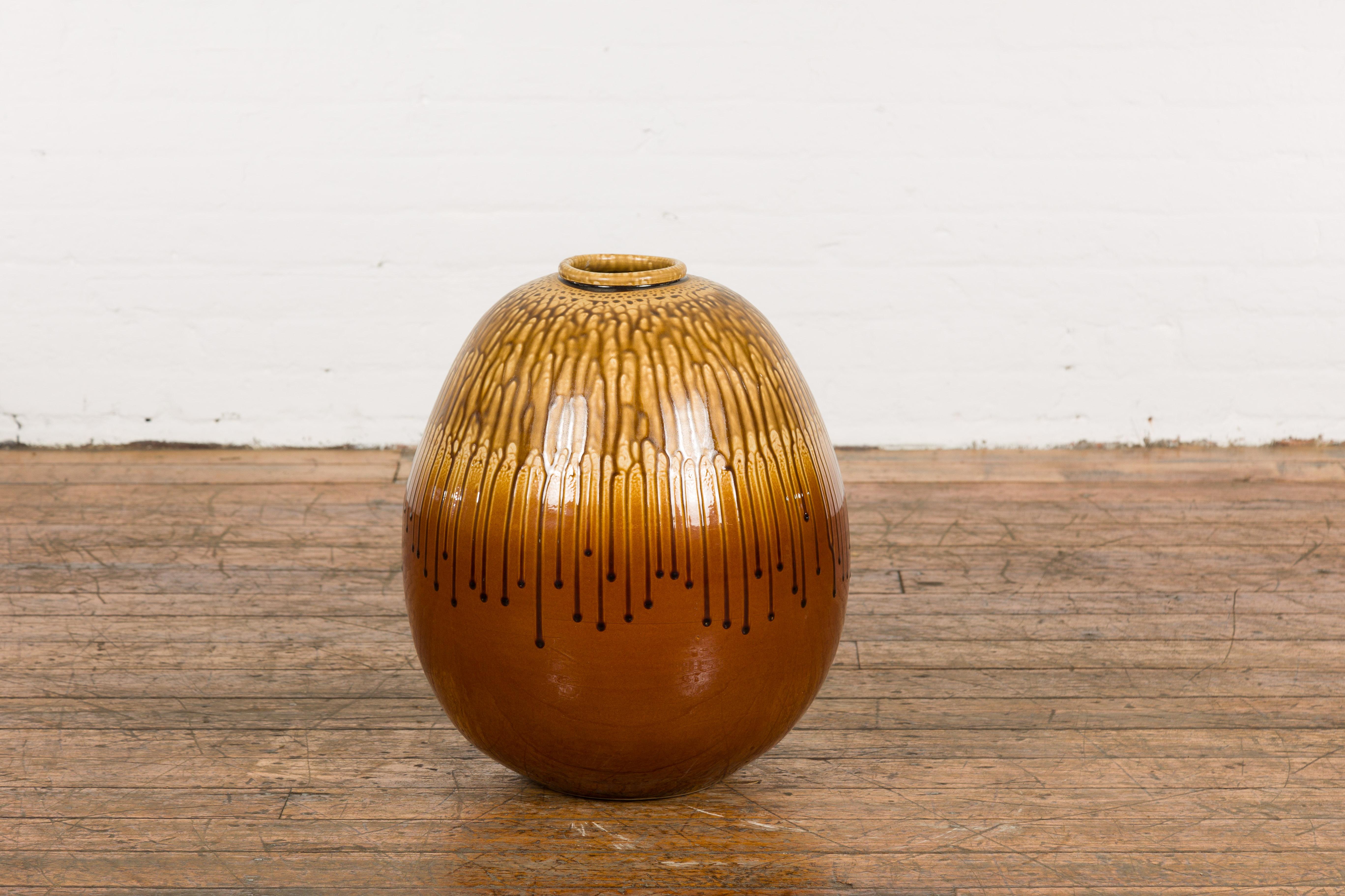Round Brown and Yellow Ceramic Vase with Drip Design For Sale 6