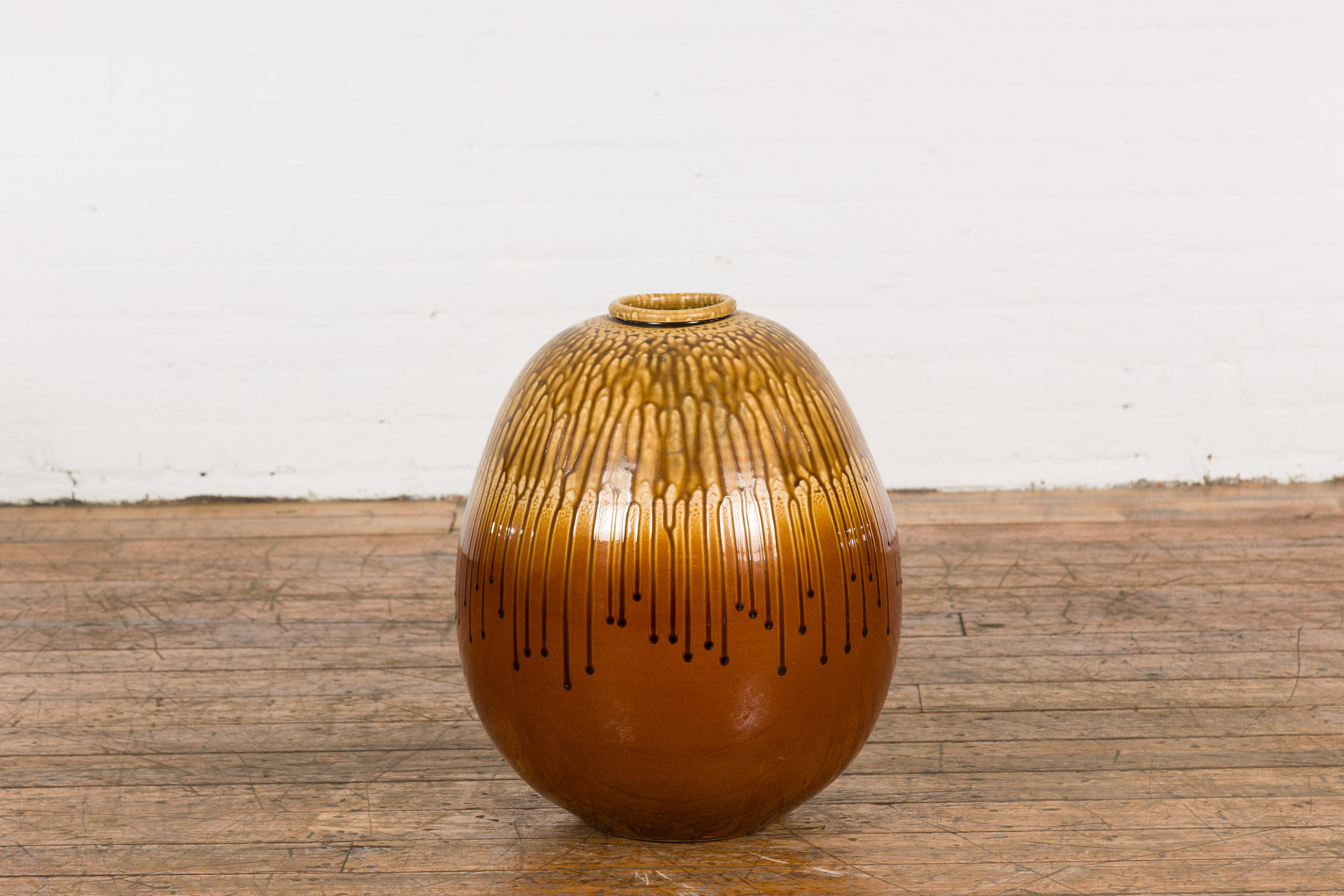 Round Brown and Yellow Ceramic Vase with Drip Design For Sale 8