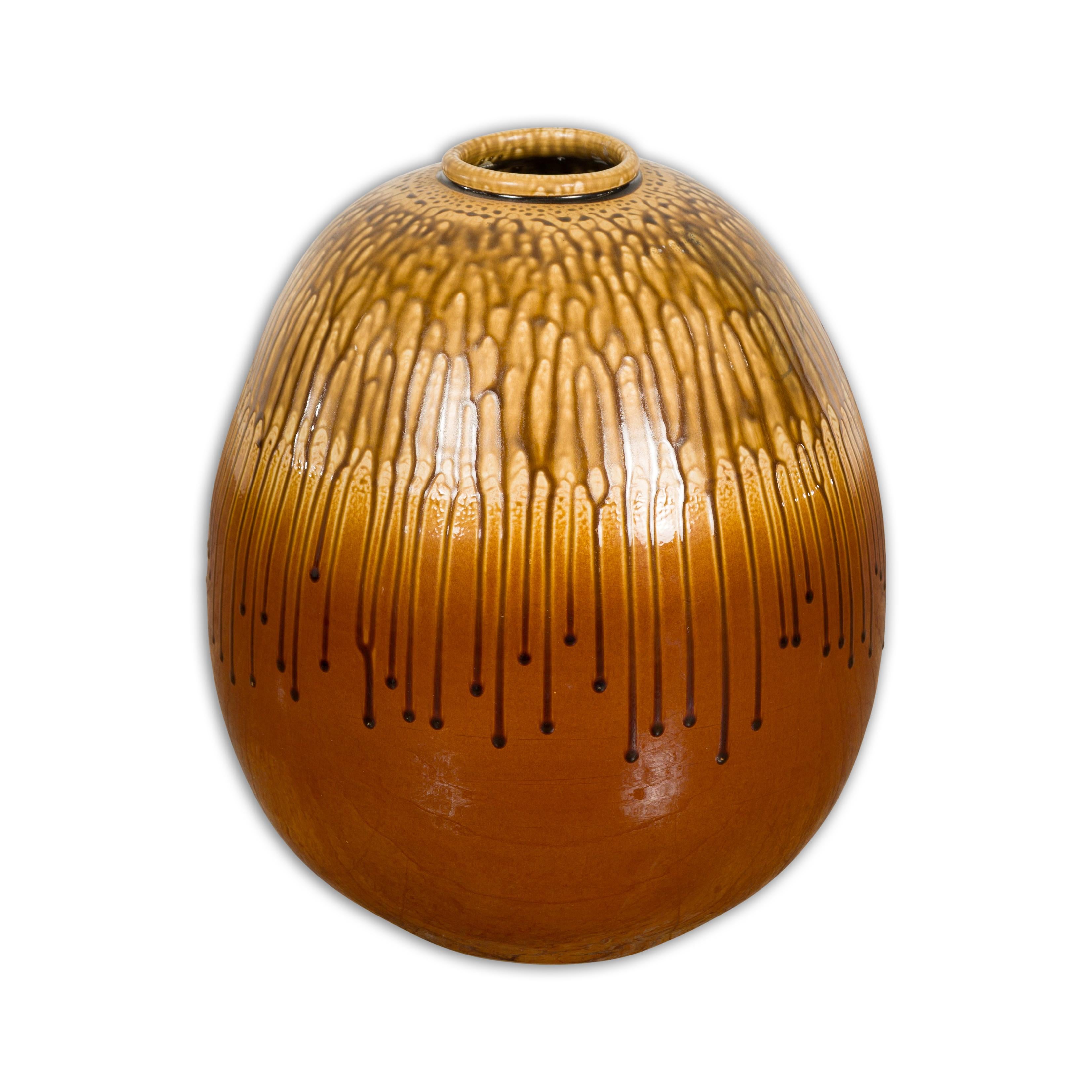 Round Brown and Yellow Ceramic Vase with Drip Design For Sale 11