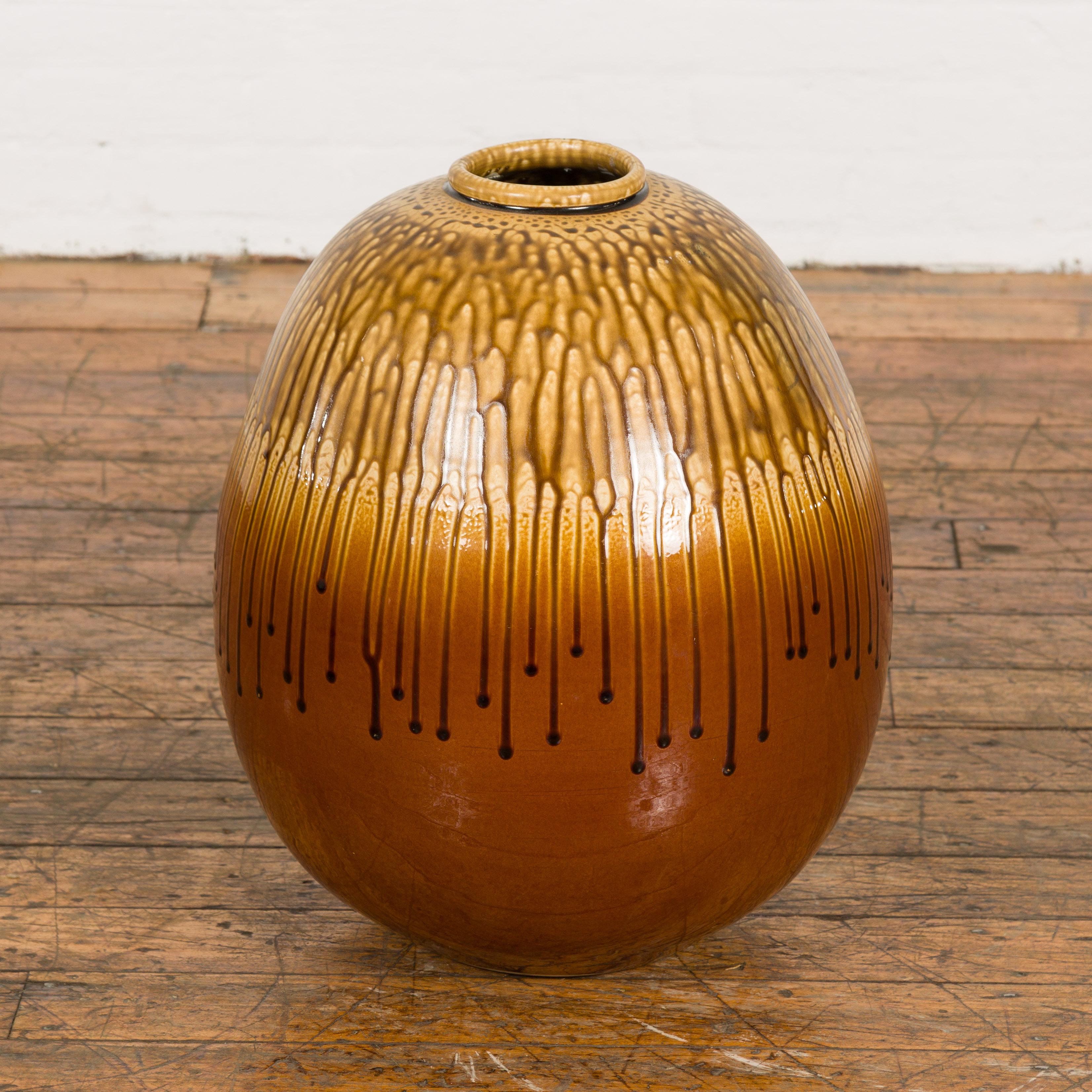 Round Brown and Yellow Ceramic Vase with Drip Design In Excellent Condition For Sale In Yonkers, NY