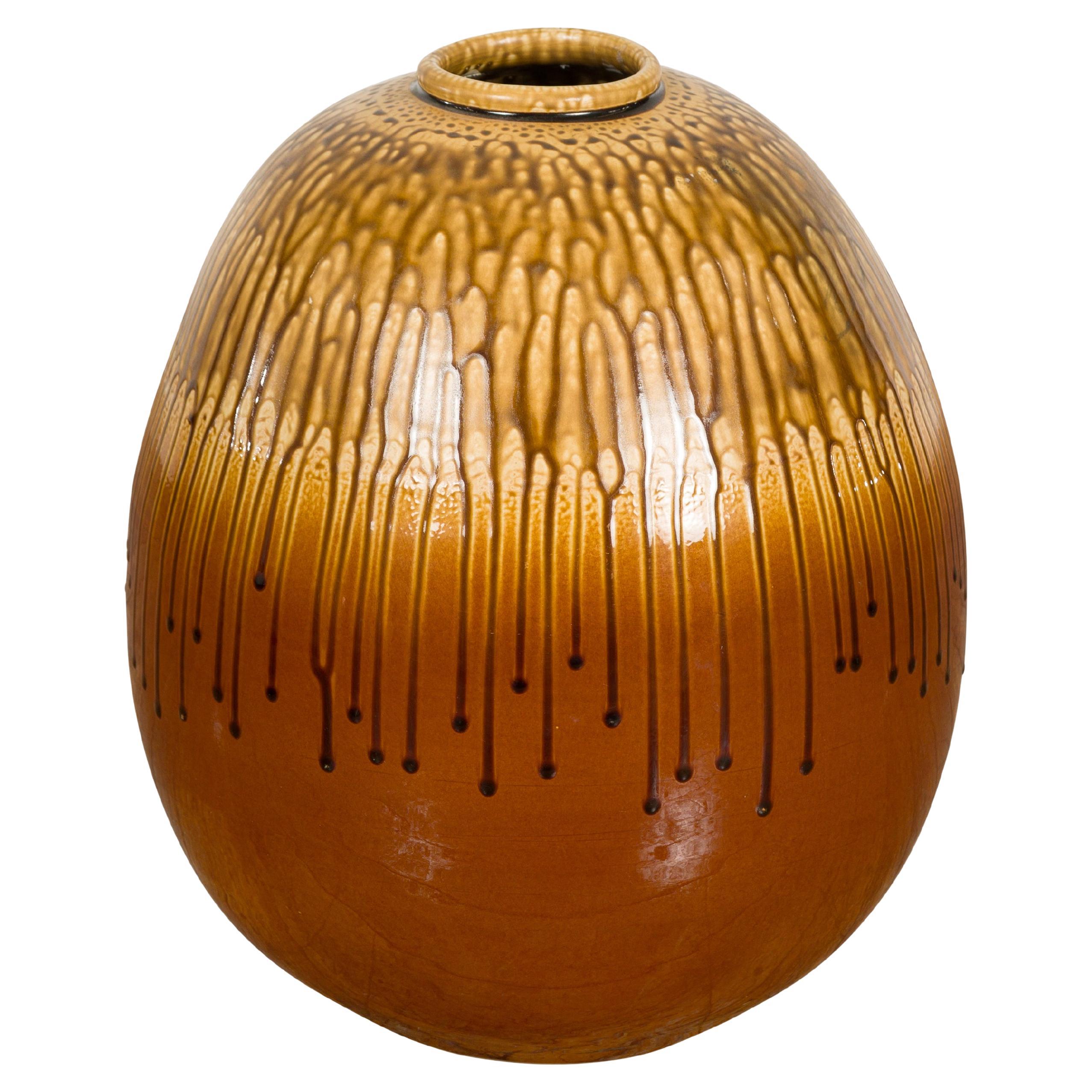 Round Brown and Yellow Ceramic Vase with Drip Design